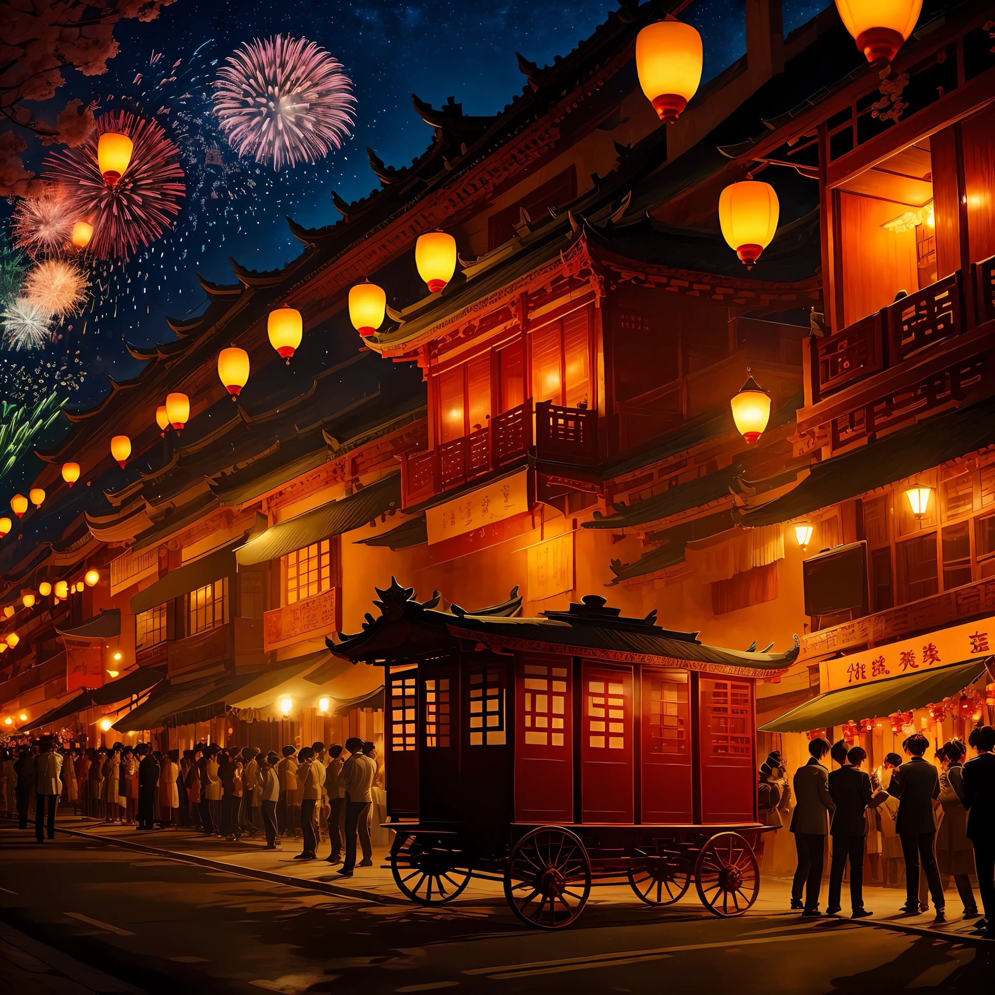 The fireworks are like thousands of trees and flowers blown away by the east wind，They all fell like stars raining down。Luxurious carriages fill the road。The melodious sound of phoenix flutes echoed everywhere，The bright moon like a jade pot gradually tilted to the west，Dancing fish lights overnight、The dragon lantern does not stop，Laughter is loud --auto