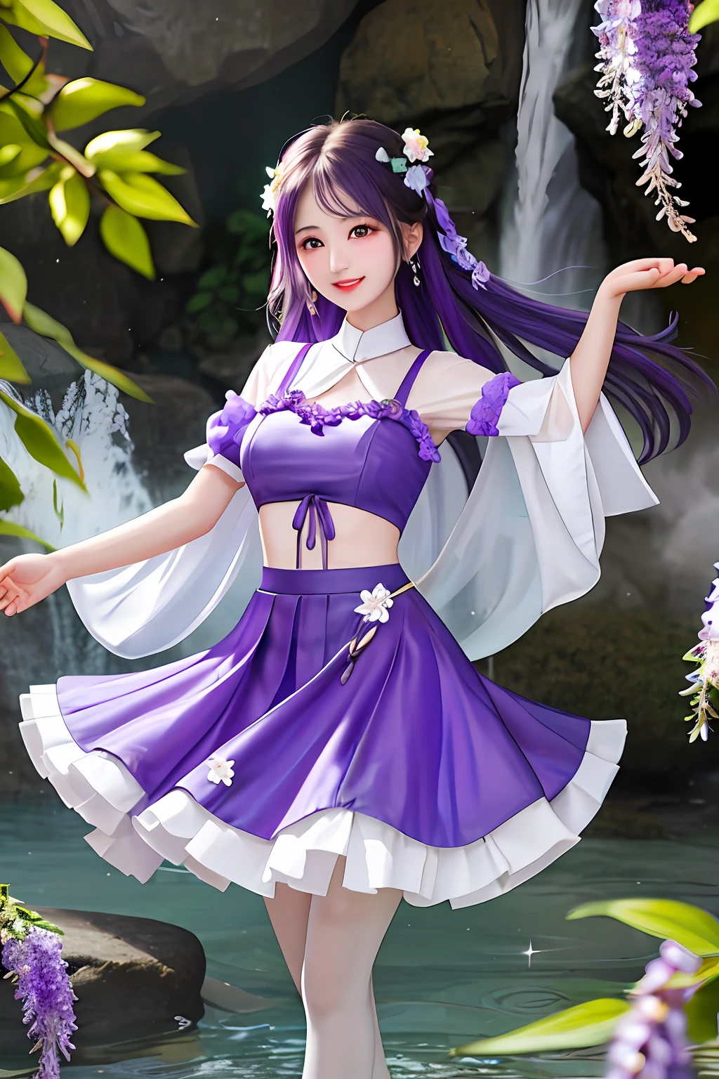 Deep and shallow in the Wisteria Luo Waterfall,The flower fairy is dancing,She has silver hair and purple eyes,The clothes are also a deep and shallow purple,When flying in the wind,Accompanied by purple petals,The skirt rises elegantly,Reveal smooth calves,Without losing energy,Endless