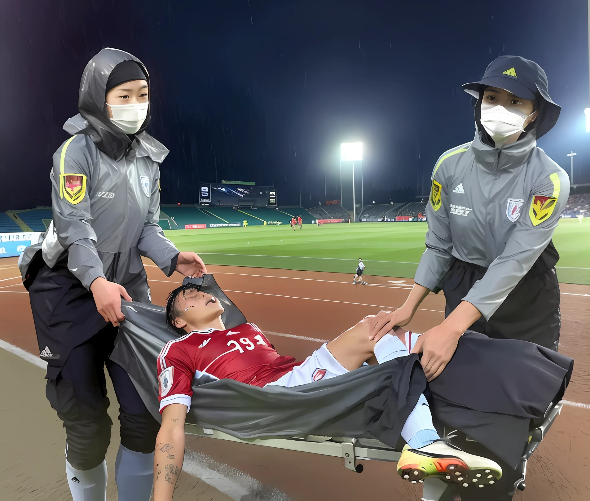 a soccer scene in a chinese sports stadium, rainy weather, wet ground, rainfall, injury scene in a sports stadium, stretcher carry, there are four female medics in wet raincoats who carrying a stretcher, there are four female medics in wet raincoats who are carrying a stretcher in a rainy sports stadium, there is a wounded male soccer player in a matte short cotton sports outfit lying on the stretcher, an injured male soccer player is lying on his back on a stretcher and is rearing up in agony, a soccer player is rearing up in pain while lying on his back on a stretcher, dramatic scene, theatralic posing scene, dramatic pity scene, injury soccer, first aid, help, pity, there are four female medics in shiny raincoats who are looking very sad and very terrified and very shocked, the injured soccer player is screaming out in pain while he is carried from the pitch on a stetcher through the rain