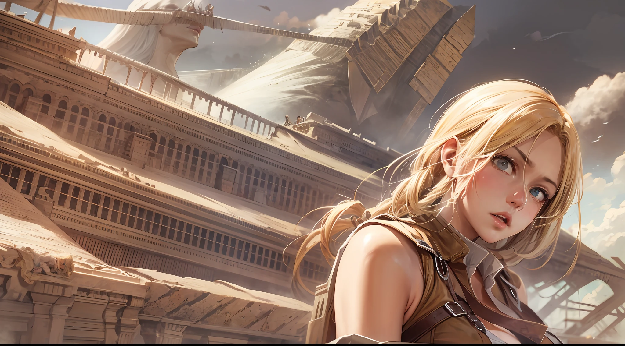 （Attack on Titan、Annie Leonhart）、Young、Cute、a beauty girl、Perfect Style、huge tit、Emphasizes cleavage、deadpan、realisitic、realistic、８ｋ、ighly detailed、top-quality、Top image quality、超A high resolution、​masterpiece、one girls、（Egyptian pyramids in the background）、