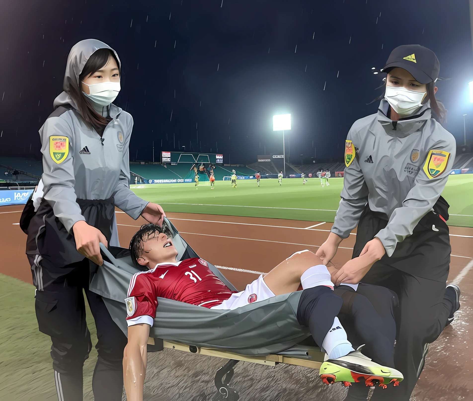 a soccer scene in a chinese sports stadium, rainy weather, wet ground, rainfall, injury scene in a sports stadium, stretcher carry, there are four female medics in wet raincoats who carrying a stretcher, there are four female medics in wet raincoats who are carrying a stretcher in a rainy sports stadium, there is a wounded male soccer player in a matte short cotton sports outfit lying on the stretcher, an injured male soccer player is lying on his back on a stretcher and is rearing up in agony, a soccer player is rearing up in pain while lying on his back on a stretcher, dramatic scene, theatralic posing scene, dramatic pity scene, injury soccer, first aid, help, pity, there are four female medics in shiny raincoats who are looking very sad and very terrified and very shocked, the injured soccer player is screaming out in pain while he is carried from the pitch on a stetcher through the rain