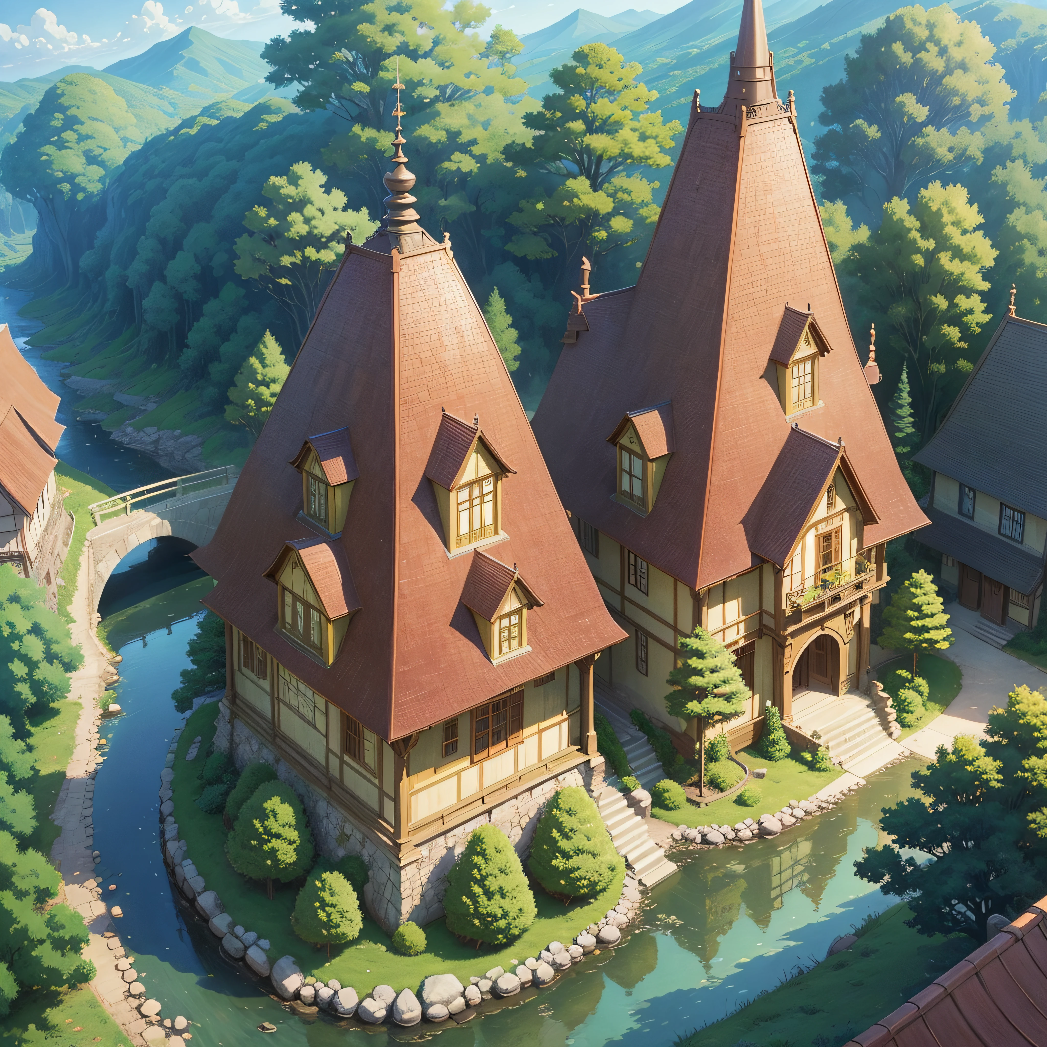 animesque、landscapes、Studio Ghibli、Ghibli、Scenery、Style、Art styles、Stone structure、Golden Time、early evening --auto