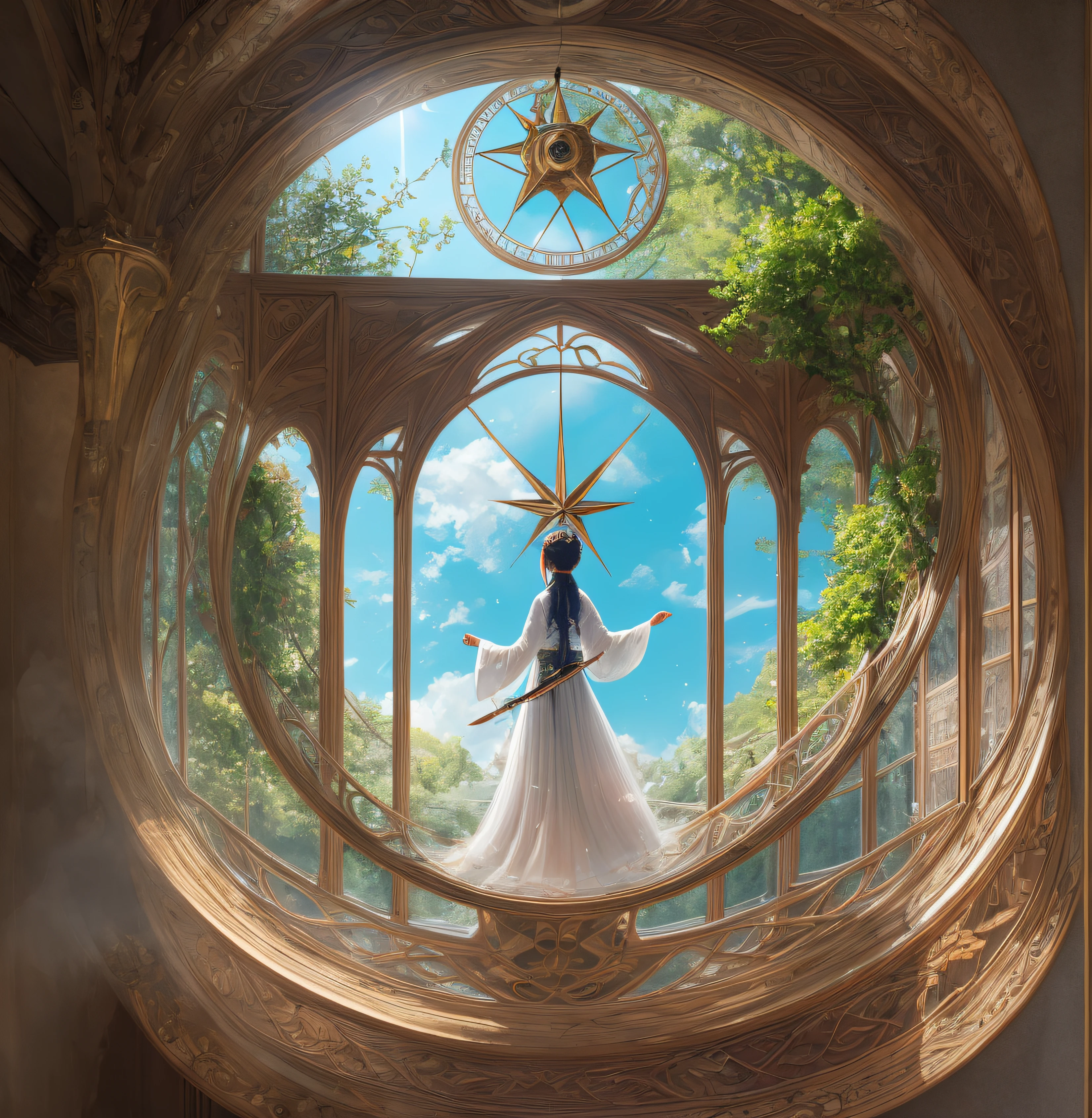 (Extremely detailed:1.3), (1girl in:1.2), (window:1.3),Indoors, (courtyard:1.3), tree,plant, Hanfu, Water,myst,Trees, Casting spells while suspended in mid-air, (a celestial compass guiding her path), Mystical and wondrous, BREAK Utilizing a wide-angle lens to capture the expansive sky, Adding a touch of lens flare,