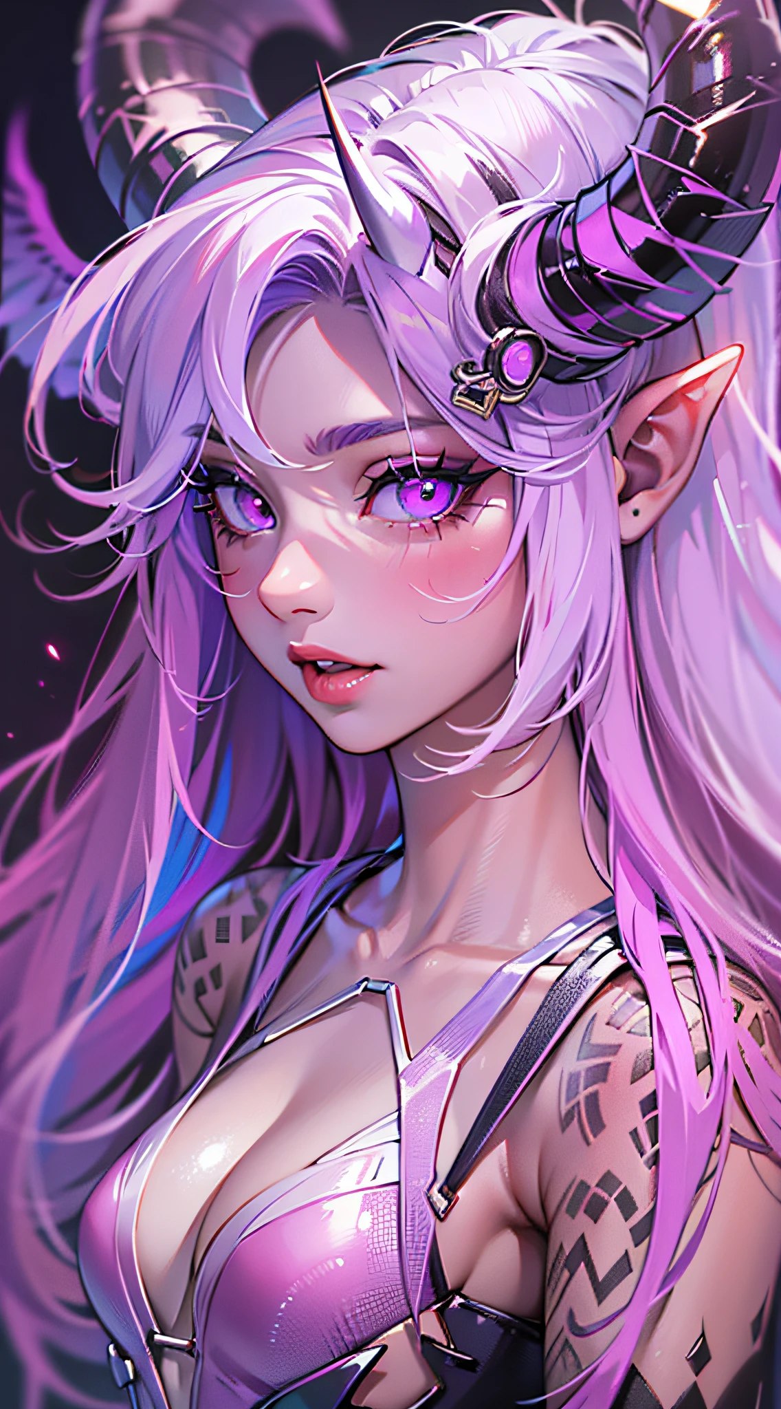 ((Masterpiece)), best quality, absurderes, ultra detailed, holographic, cowboy shot, demon girl, mature girl, super beautiful asian girl with very beautiful violet glowing eyes, beautiful glowing white multicolored hair, high ponytail, bueautiful glowing demon horns, super beautiful and stunning luminous devil wings, nice and sexy body, slim body, perfect body, wearing a black mini dress, super tight dress, translucid dress, playing in a funny hell, flirting with viewer