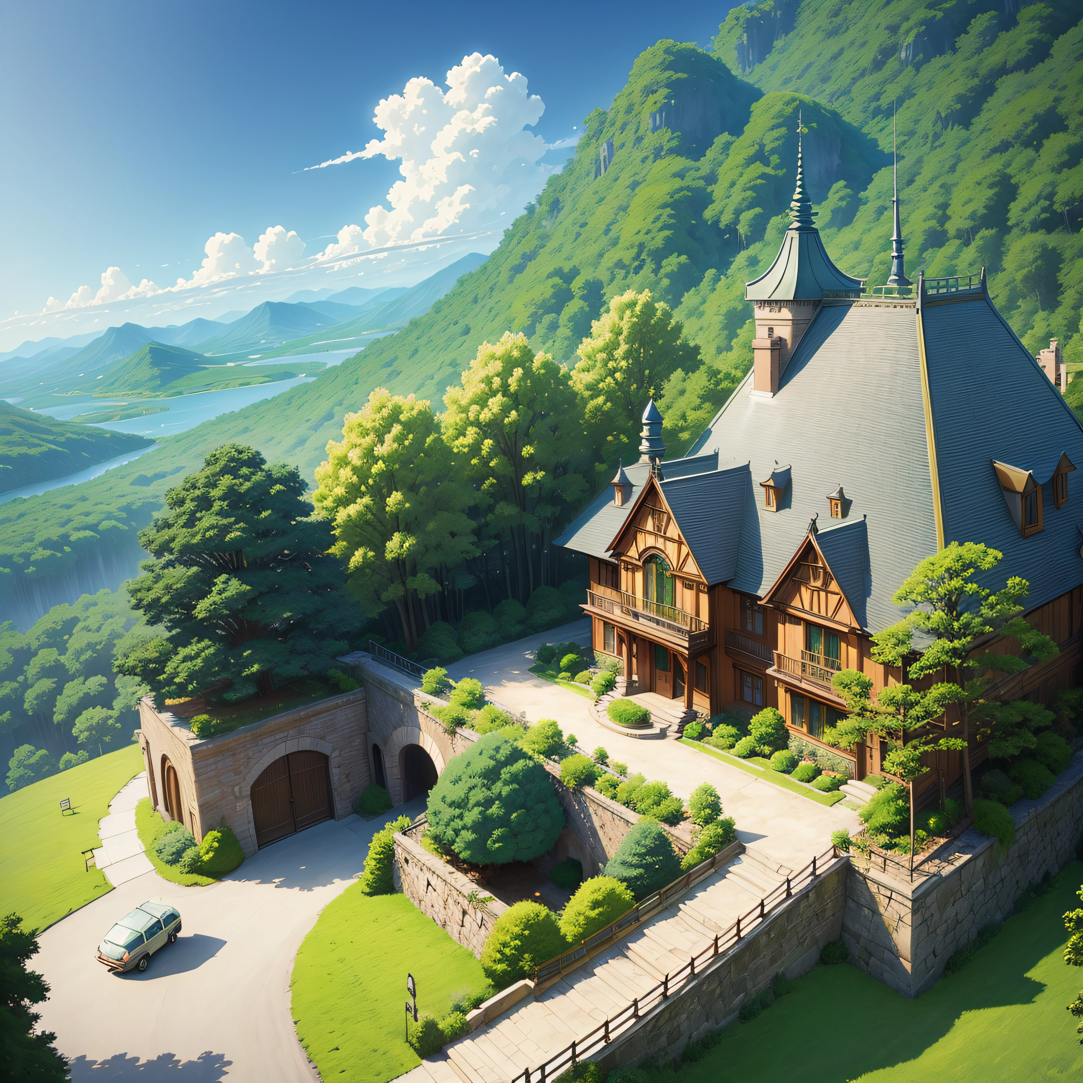 animesque、landscapes、Studio Ghibli、Ghibli、Scenery、Style、Art styles、Stone structure、Golden Time、early evening --auto