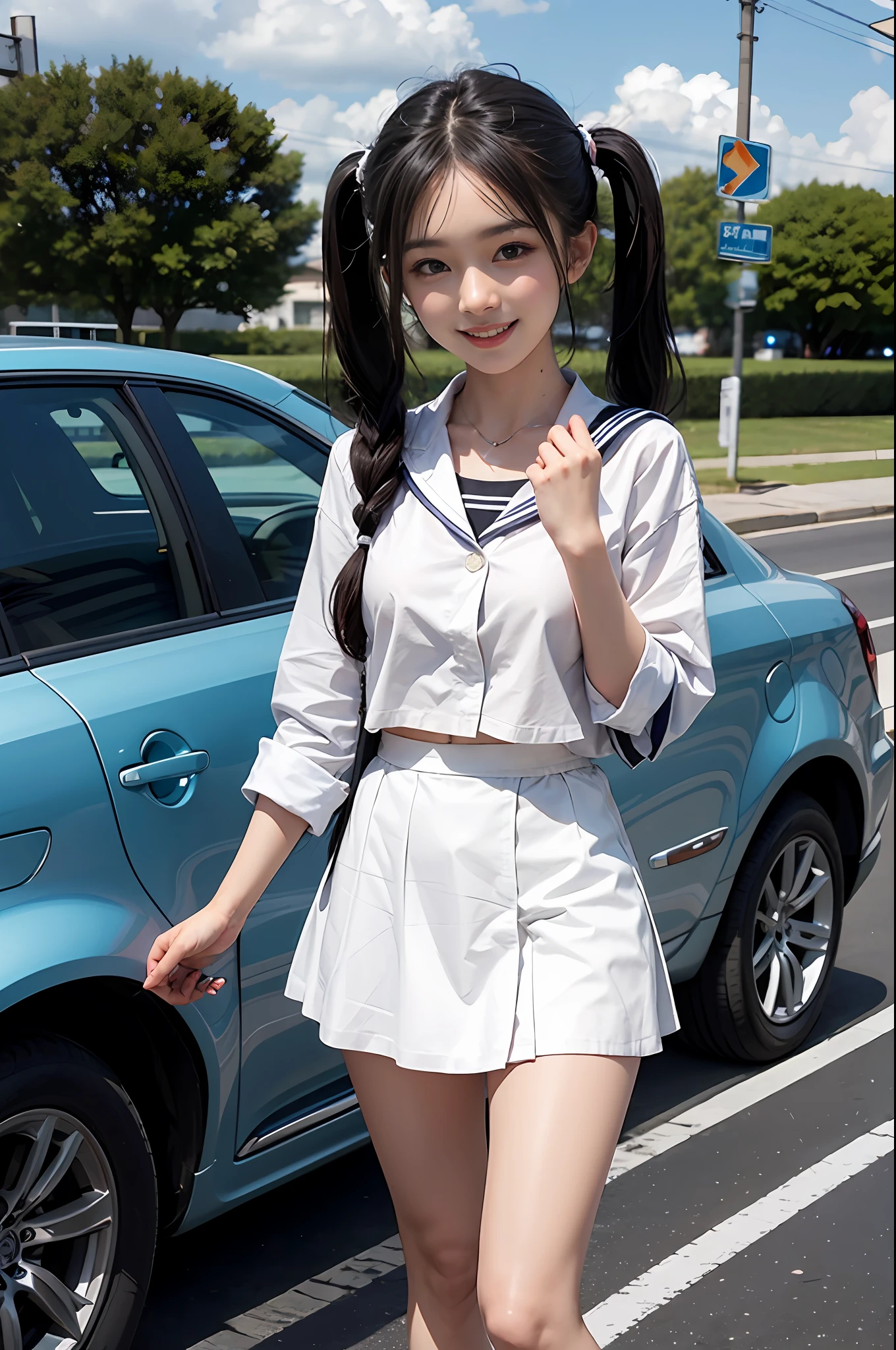 1girll,twintails,car,road,White sailor suit and short skirt,16-year-old female model，smile