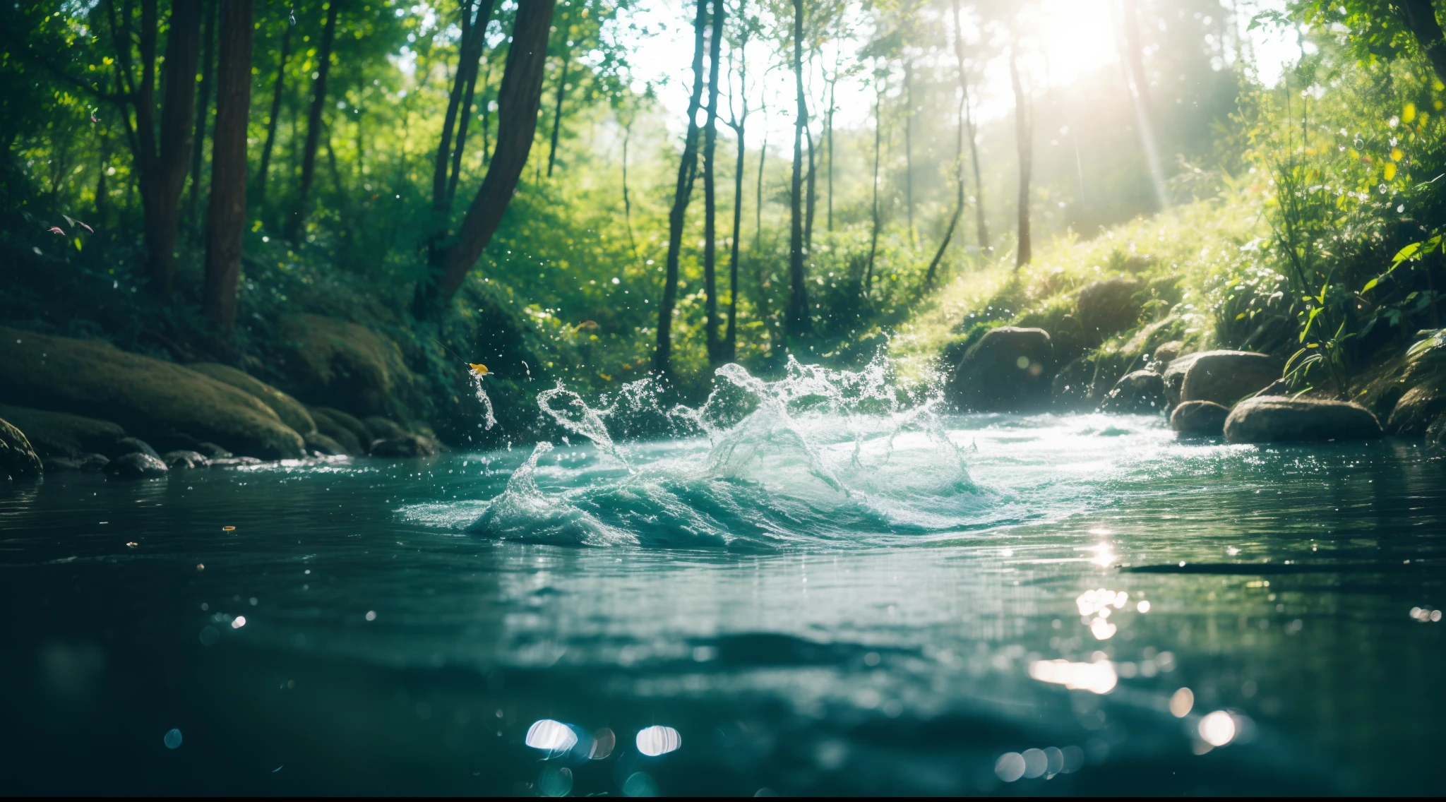 Brook in the countryside, in woods, blue open sky, Multicolored clouds, splash water, Clean water surface, Multicolored moss, Colorful rocks, Diffuse reflection of light, crystal-clear water, Fresh green, sony a7, film gain, a dark night, Cinematic lighting, Photorealistic, one-point perspective, 32K, diffuse reflection, colorful shiny particles, flying colorful birds, colorful water splash, sharpness, Lens Flare, sharp reflection light