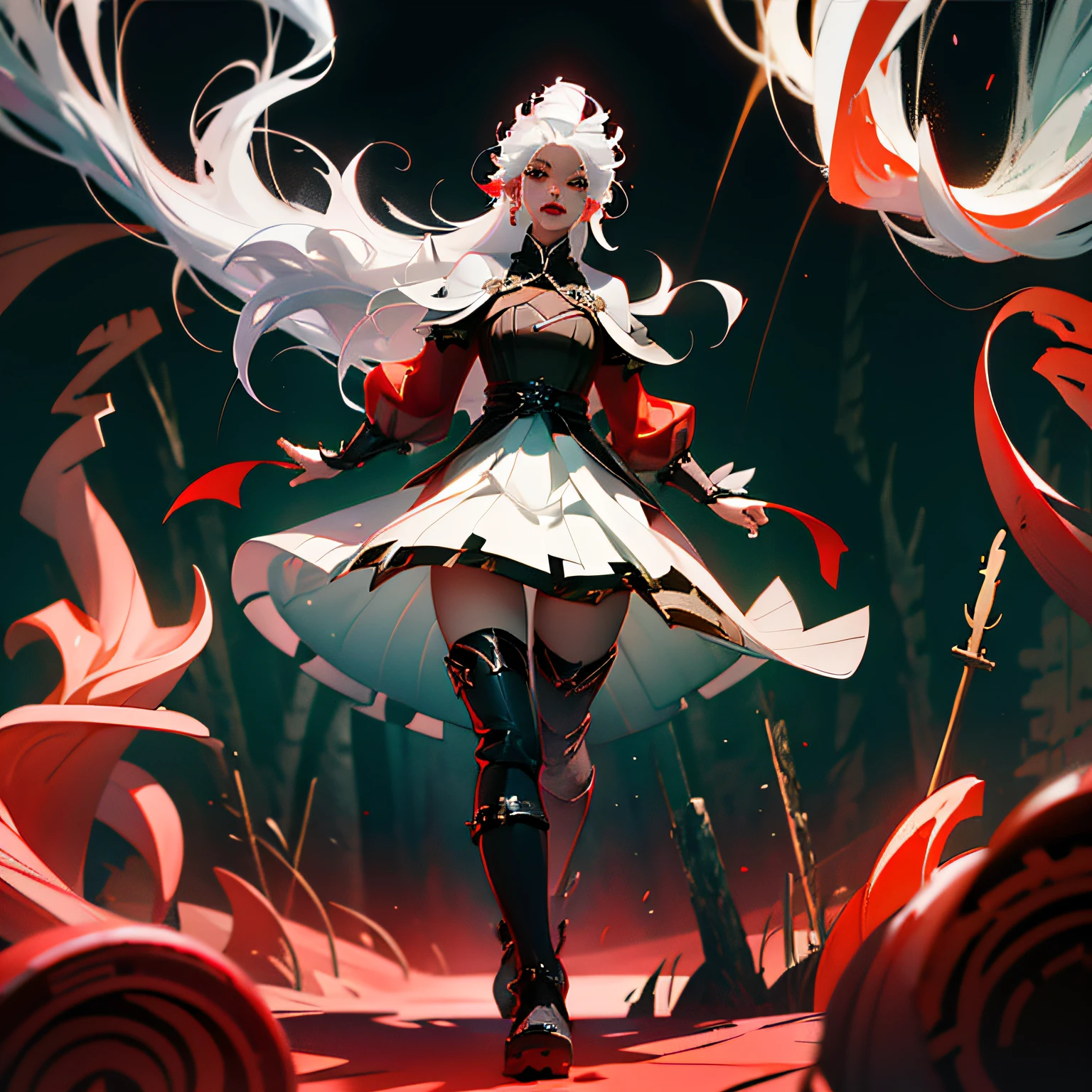 Goddess Photo White Hair Black Battle Dress Big Knife Battle Stance Cherry Mouth Sharp Eyes Forest Black Boots --auto