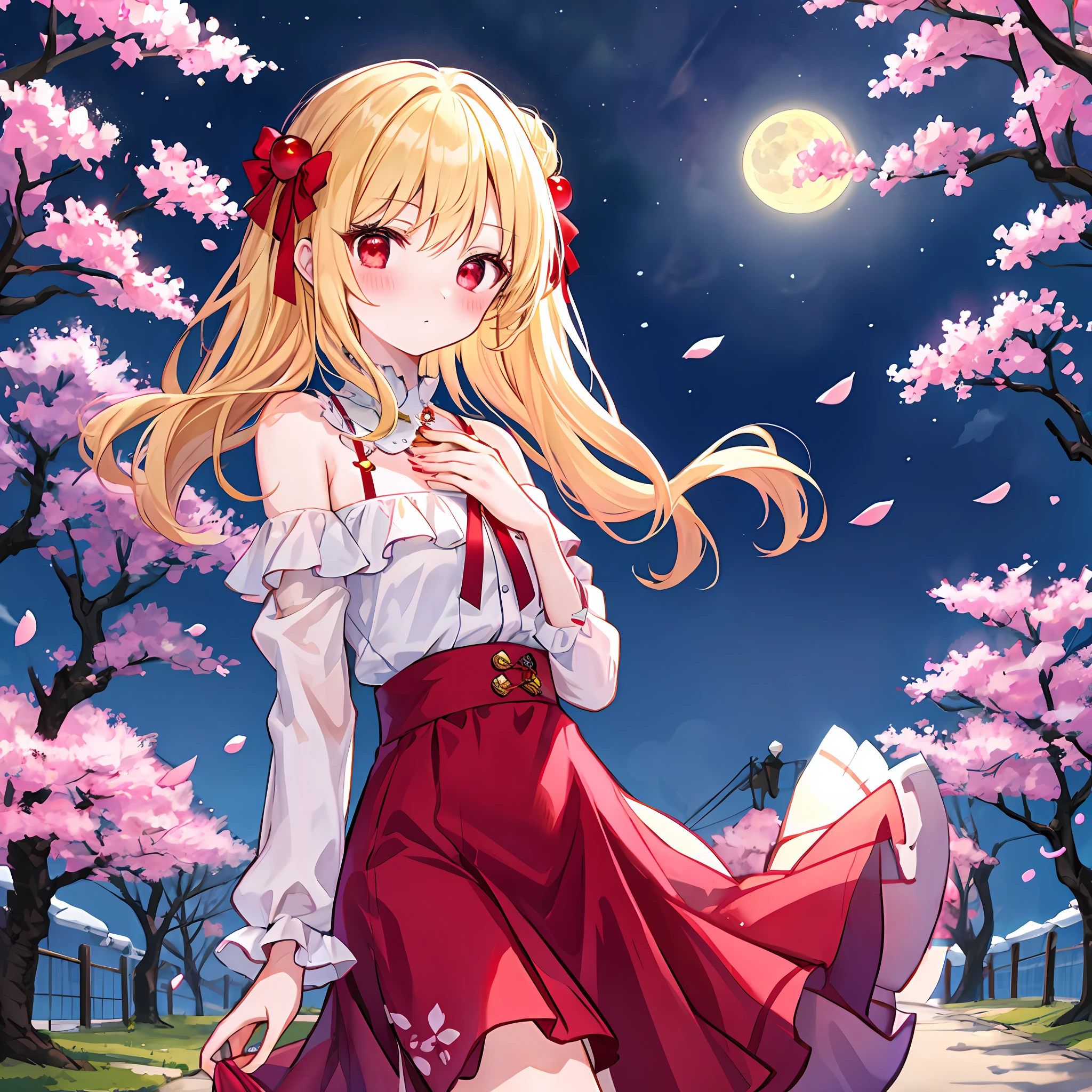 red blush、hair wavy、blonde  hair、red eyes、doress、off shoulders、Beautiful girl alone、animesque、a moon、natta、cherry trees