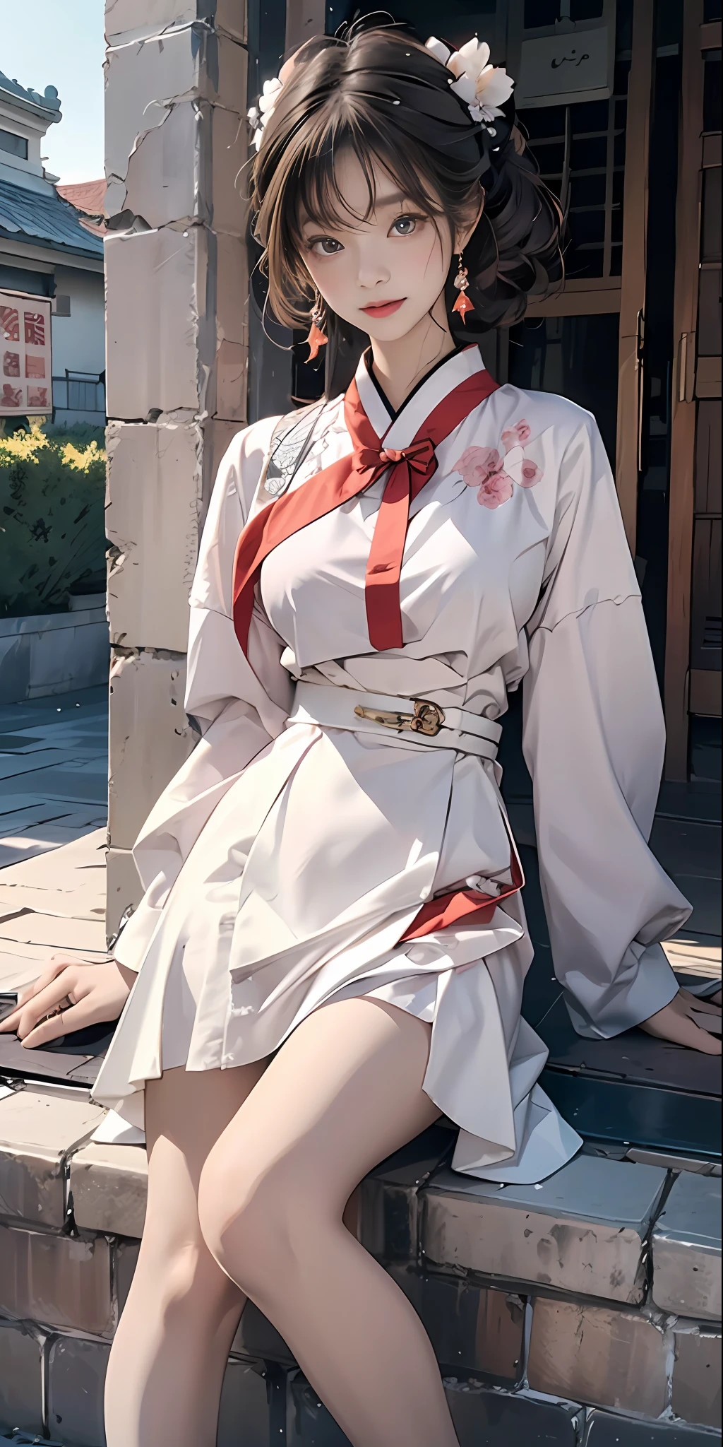 (optimum,tmasterpiece,High Picture Quality,)There is a girl wearing a Japanese JK school outfit, clubs,oriental architecture ray tracing,best qualtiy,Extremely detailed 8K wallpaper,A detailed eye,busty figure,intricately details,Cold white skin,(Carefully portray blush),Soft cute,Messy beauty,The skin is shiny and silky,beautidful eyes,Peach blossom eyes,An extremely delicate and beautiful girl,The upper part of the body,