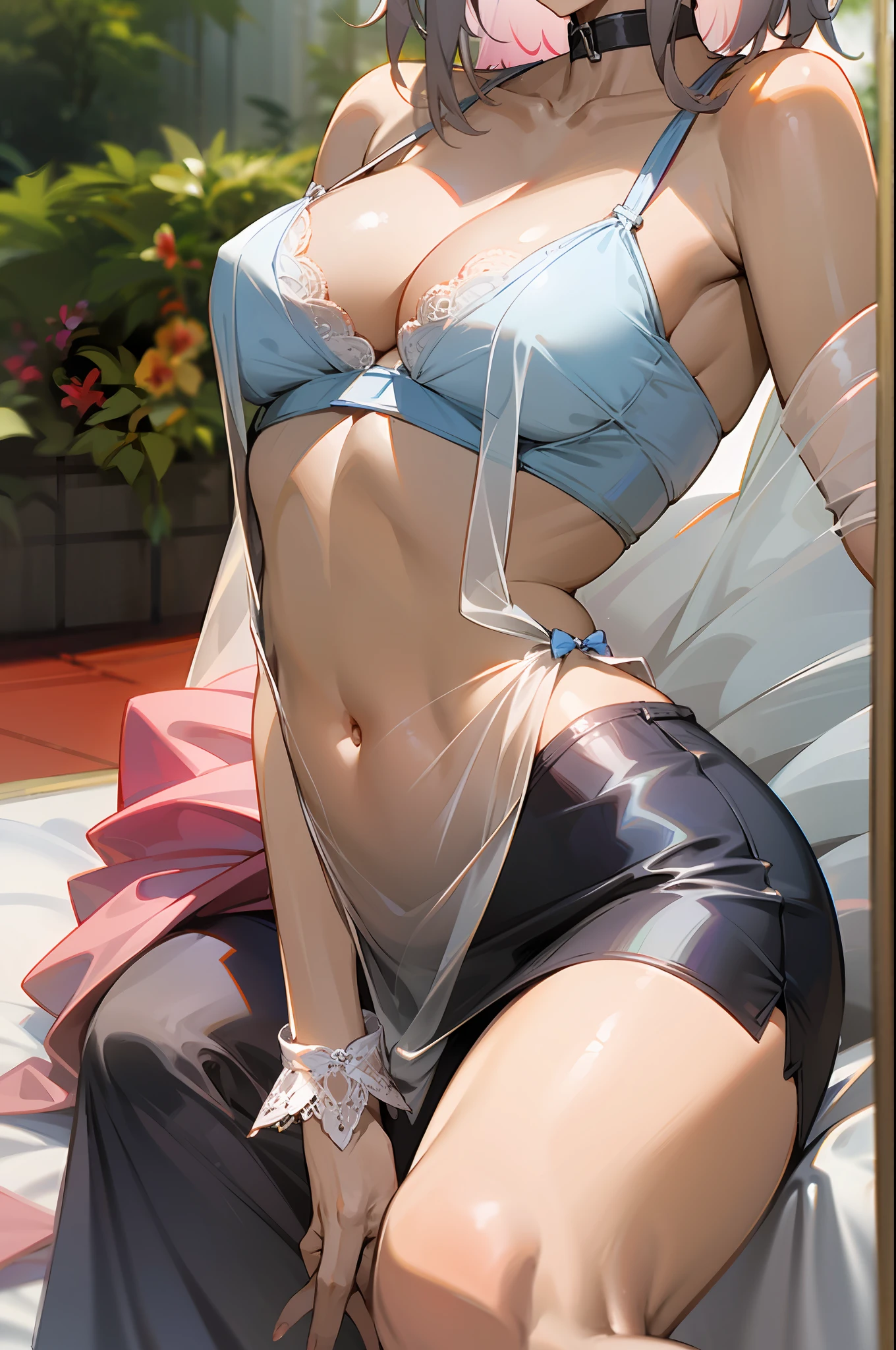 best qualtiy， 超高分辨率， （realisticlying：1.4）， 1girll， Off-shoulder white shirt， Black tight skirt， a black choker， （Faded gray gray messy bun：1）， faded ash-gray hair， （big cleavage breasts：1.2）， looking at viewert， closeup cleavage，
  ,see-through transparent clothes，lace panty，White skin, Beautiful long legs，Raised sexy，，seductiv，succubi，white under lingerie，Bare waist and back，Transparent texture，Reallightandshadow，Petting the，Cocked buttocks，disturb，long leges（（long leges））Long legs，Spread your legs，pubes，haar，，Stick out your tongue，blue surcoat，Lingerie transparent，Superskirt，pajamas，Transparent packaging，Pink lingerie，pink panty，Pink