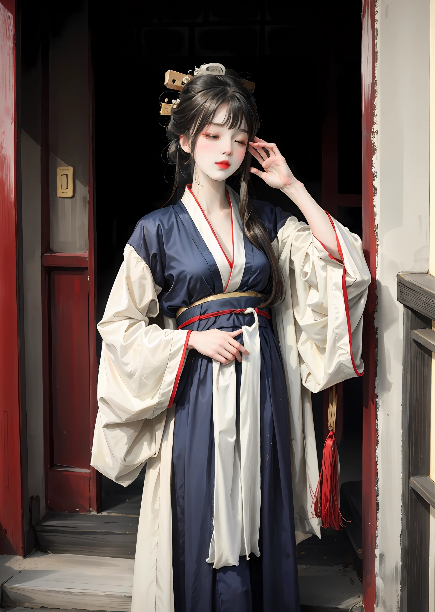 There is a woman posing for a photo in Hanfu, Expose large, Long bangs, Close your eyes, with acient chinese clothes, Japanese clothes, Wearing ancient Chinese clothes, Palace , A girl in Hanfu, Traditional Chinese clothing, pale and coloured kimono, Chinese costume, traditional geisha clothing