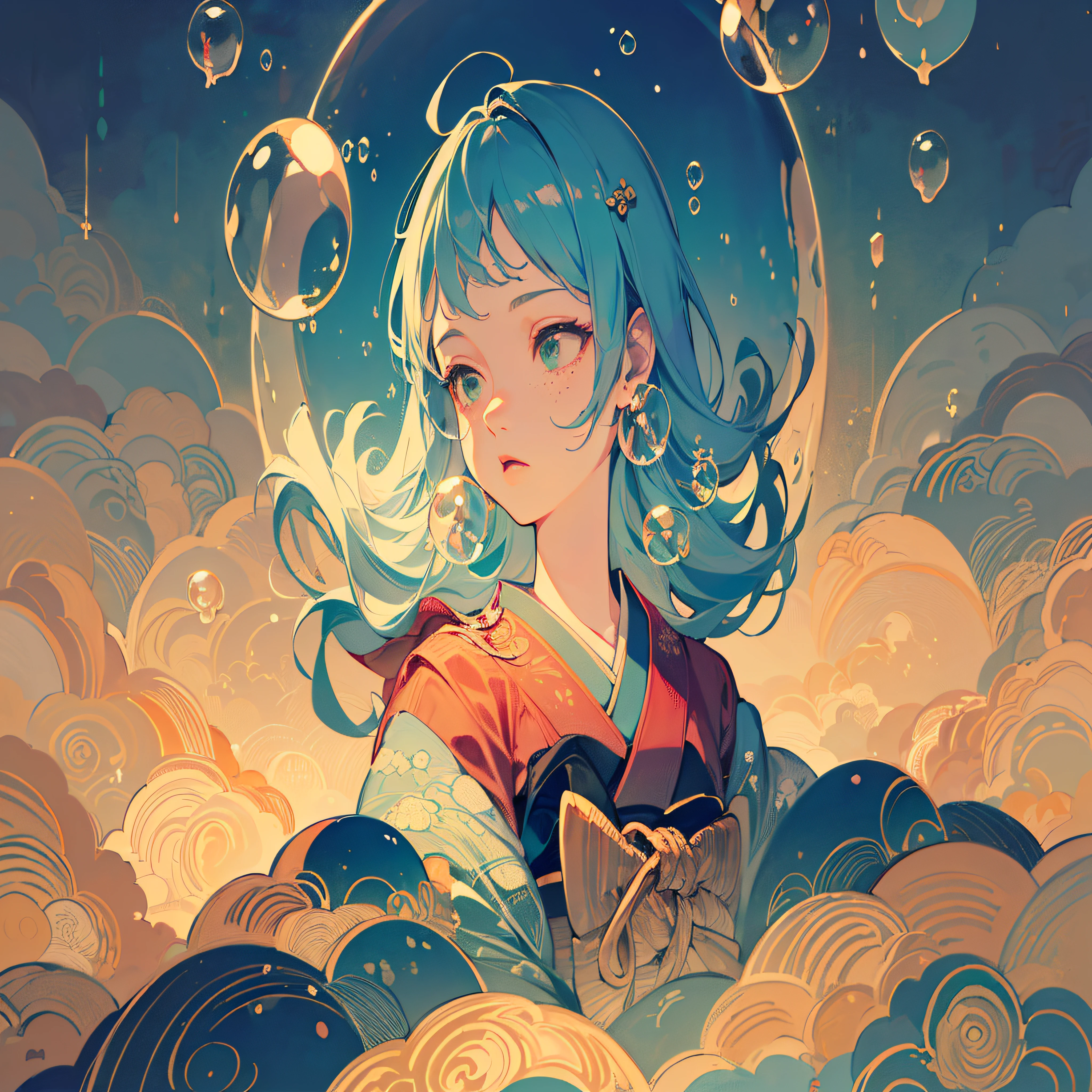 ((Masterpiece)), ((Ultra Detailed)), ((Best Quality)), Beautiful Detailed Eyes, Detailed Face, Best Lighting, Best Shadows, 1 Front Bust Girl, Solo, ((Classic Disney Style, Edge Lighting, Flat 2D Style, Disney 2D)), ((The main colors are orange and green)), Huge Bubbles, (Girl Inside Bubbles:1.5), Bubble Island, Bubble Land, World Made of Bubbles, Freckles, Cold Nose, ((((Bubbles)), Marbles, Japanese Inspiration, (highly detailed), vortex effect, A3,
