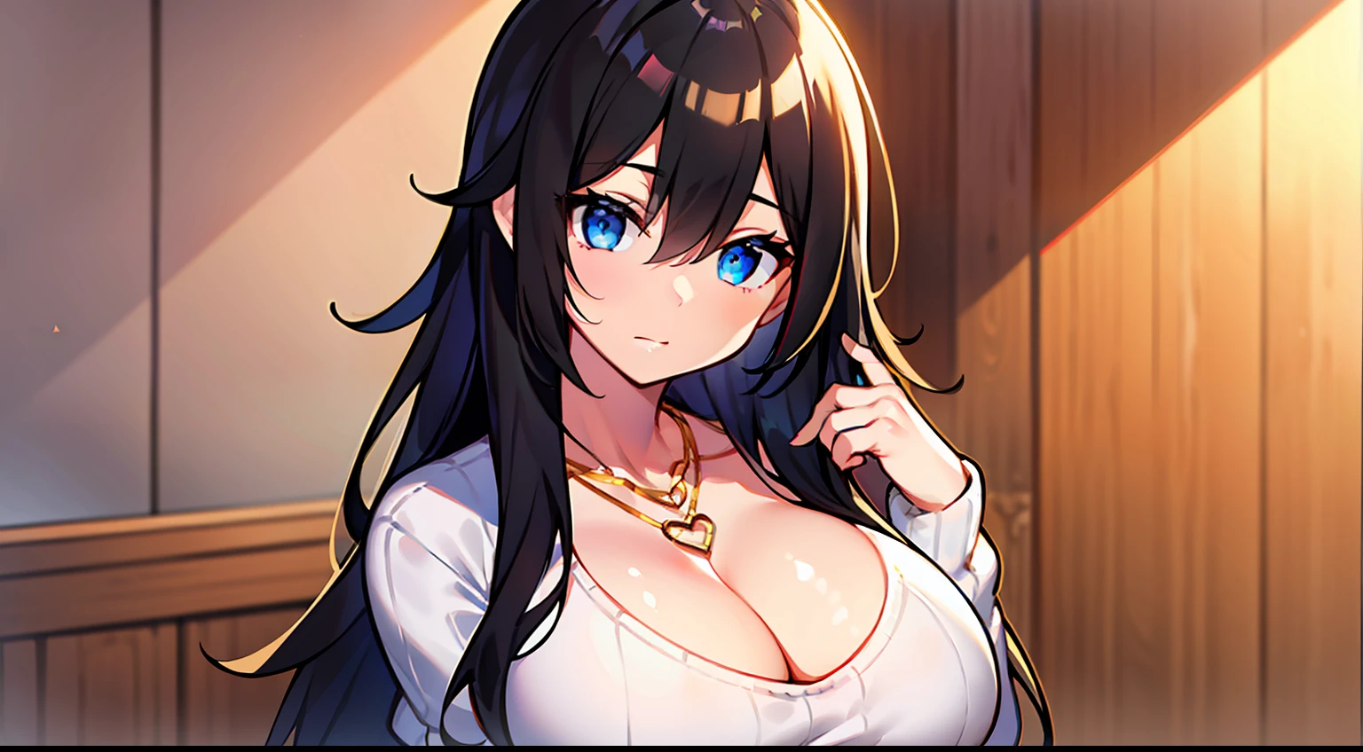 mujer, ((cabello largo negro)) botas, white sweater with long neck, blue eyes, serius, falda corta, cuerpo completo, big breast, flequillo entre los ojos, Gold heart necklace,