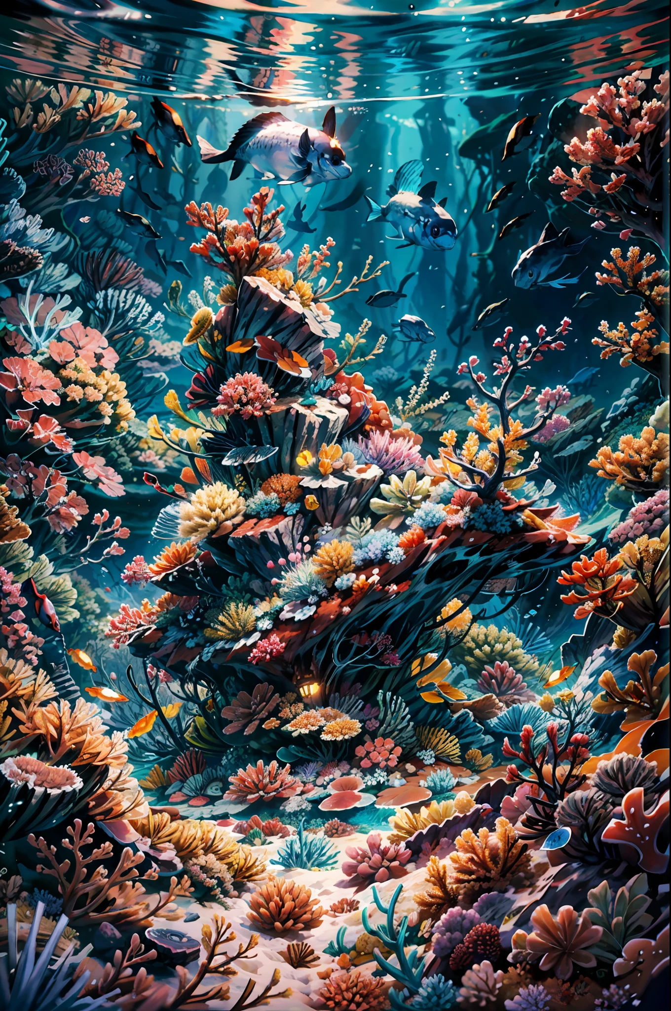 deep sea background, undersea scene, underwater light, under water castle, colorful small fishes, colorful coral reef grow on a vast sand ground under the water, fantasy sea, dynamic angle,sand and rock under everything BREAK,Detailed,Realistic,4k highly detailed digital art,octane render, bioluminescent, BREAK 8K resolution concept art, realism,by Mappa studios,masterpiece,best quality,official art,illustration,ligne claire,(cool_color),perfect composition,absurdres, fantasy,focused,rule of thirds