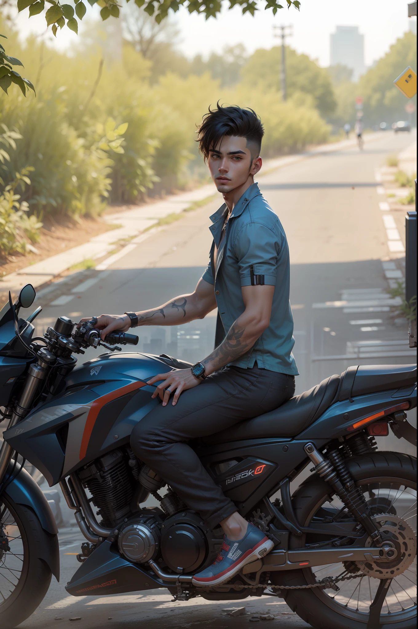 Background change cyberpunk handsome boy with brand bike ultra modem realistic face