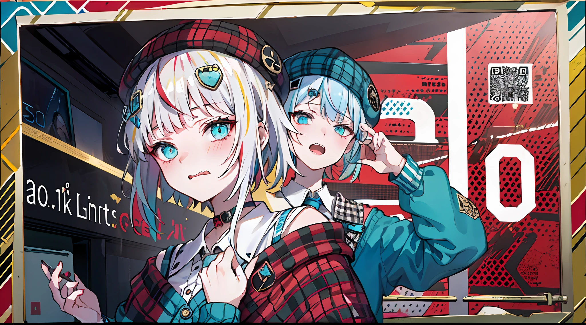(((Dramatic)))、(((gritty)))、(((vehement))))、(masterpiece、top-quality、hight resolution) 1girl in, 独奏, Red gradient streak hair, short-hair, white hair, lillie(Wakka), Black beret, plaid skirts, a choker, Cyan Sweater Jacket, shirt with collar, Black plaid tie, sleeves past fingers, bluntbangs(masterpiece、top-quality、hight resolution)、 full of shyness、red hairs、Bob Hair、red blush、Wavy mouth、The poster of the film appears as a central character。She is shy in the center of the poster、Wearing an idol costume、Has a determined look。The background is dark and rough、I feel like I'm drunk。Text is bold and eye-catching、Catchy slogans add to the overall drama and excitement。The color palette is dominated by dark colors.、Bright colors dotted、Make your poster dynamic and visually impactful、Tachi- e(magazine:1.3)、(cover-style:1.3)、Fashionable、with a vibrant、outfits、the pose、the front、colourfull、Dynamic、Background with、element、self-assured、Expressively、ngel、statement、attachment、An majestic、coiled、surroundings、Touch、The scene、Texto、covers、boldface、grab attention、Titles、lo fashion、Font、Catchy、Titles、Large、grab attention、moderno、 Trendy、concentrating、Stylish、1 girl in