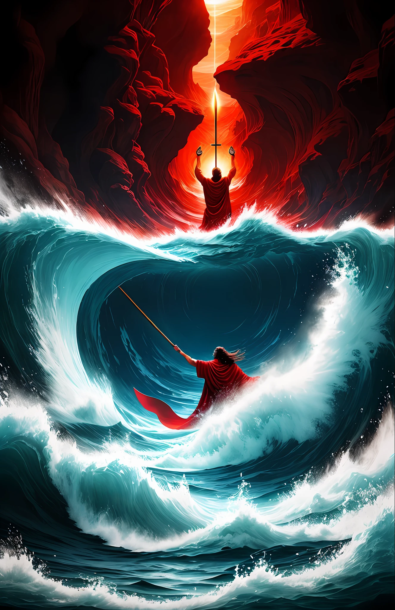 Create an image with Moses lifting his staff up and opening the red sea, Exodus scene from the biblical book, place it in the center and in front of it 2 walls of water