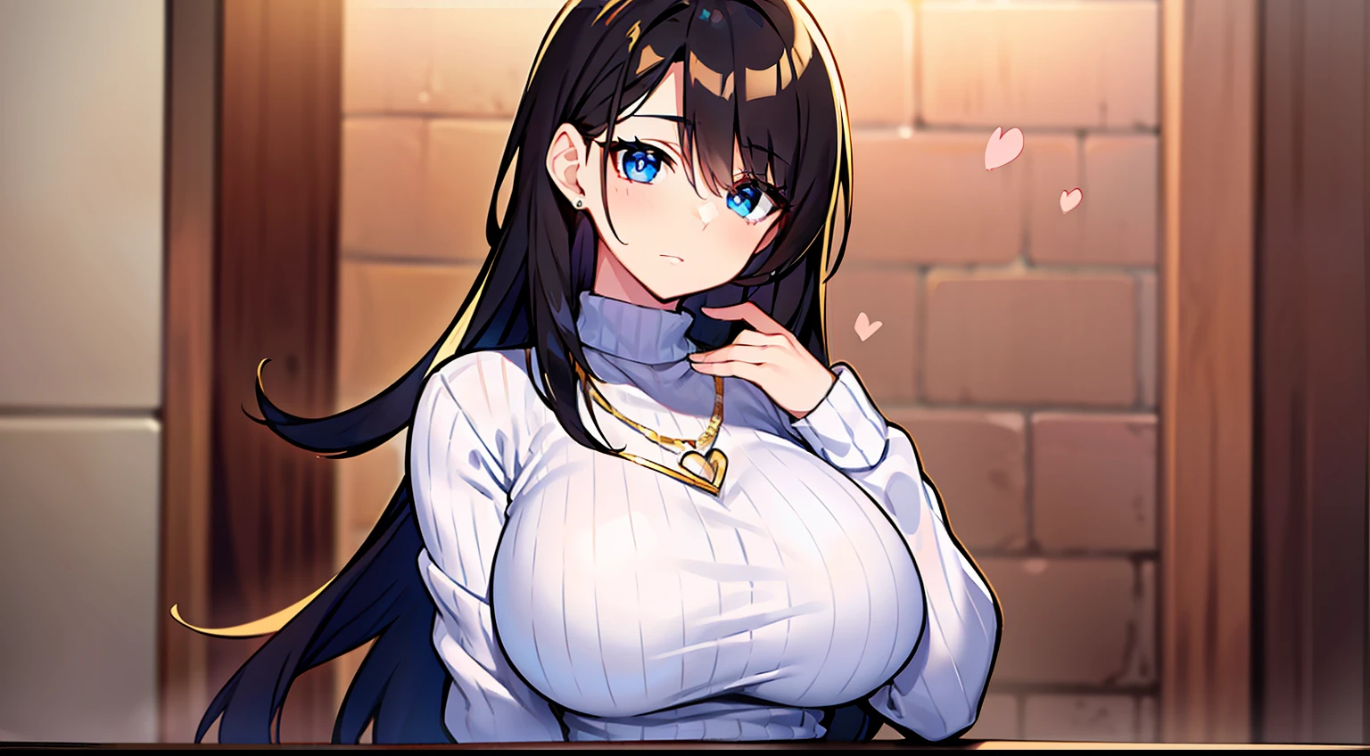 mujer, ((cabello largo negro)) botas, white sweater with long neck, blue eyes, serius, falda corta, cuerpo completo, big breast, flequillo entre los ojos, Gold heart necklace,
