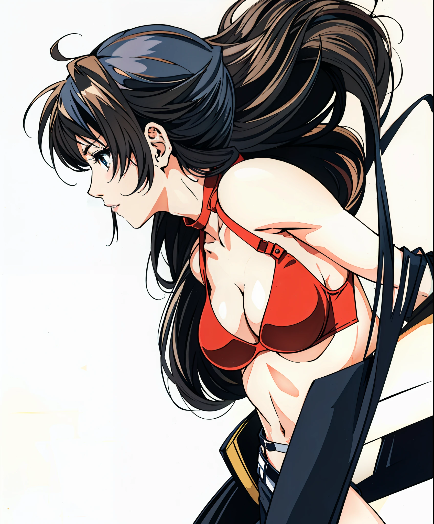 Full-length portrait photography, beautiful anorexic Asuka Langley, Very thin in a bikini, visible bones and ribs, Large elastic breasts, Very small waist, fine legs, beatiful face, Asuka Langley's profile view is very, very thin, whitebackground.