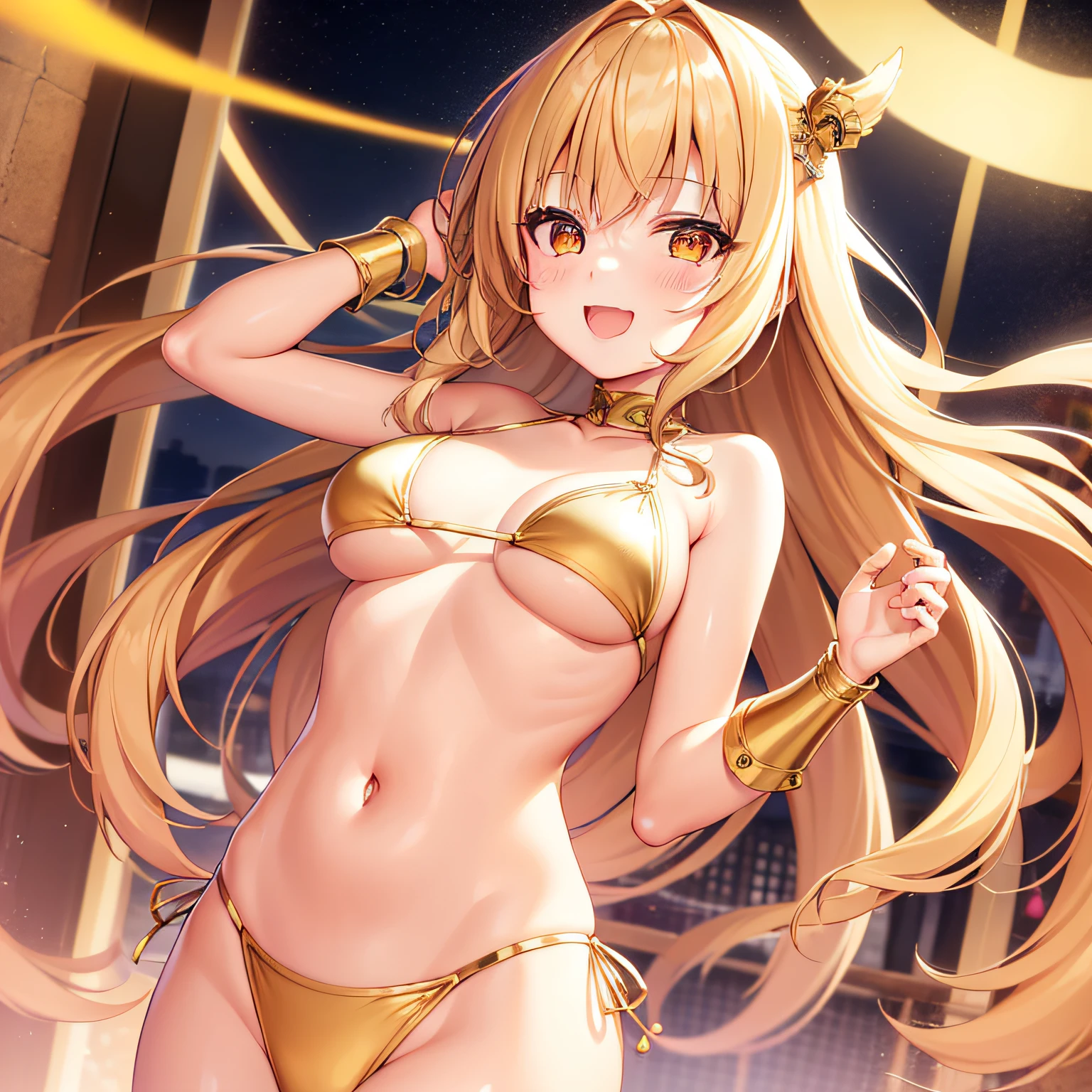 1girl in, {{{{Kokoro Tsurumaki}}}}, {{{Band Dream!}}}, Gold Hair,  idol、glowing gold eyes, Bangs, medium breasts,Gold Bikini,Smile,, [Open mouth],