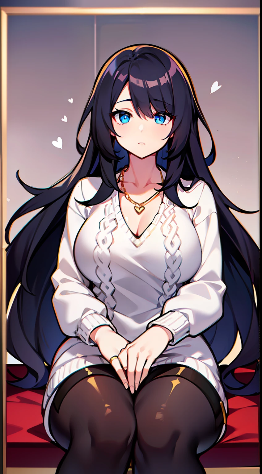 mujer, ((cabello largo negro)) botas, white sweater with long neck, blue eyes, serius, falda corta, cuerpo completo, pechos grandes, flequillo entre los ojos, Gold heart necklace,