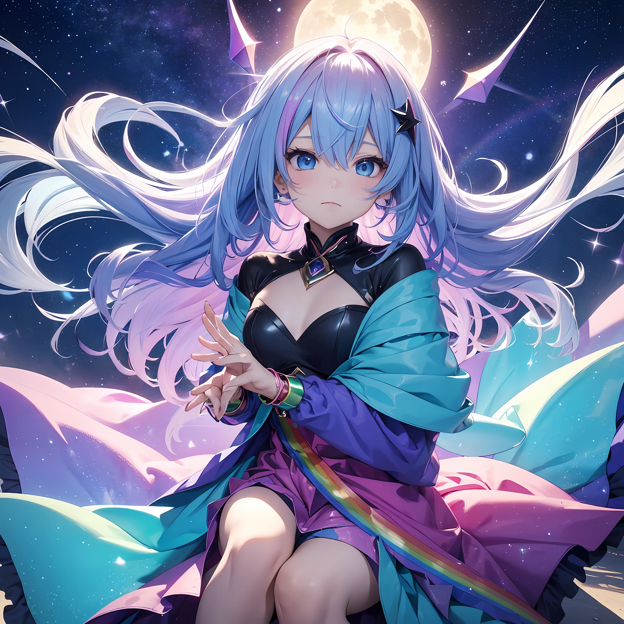 Dark Magician Girl、MKSKS style、2guys、(highly detailed back ground:1.0)、(highly detailed back ground:1.0)、masterpiece、top-quality、An ultra-high picture quality、16 K、Blue eyes、From above、Mask on wrist、The upper part of the body、Sitting in a plush chair、Twisting the body、Hair ornament with emerald、Reddish cheeks、Smiling、(1/2 pink and 1/2 Light blue hair、rainbow-colored hair)、(Colorful dress with a lot of draping、Rainbow dress:1.3)、Fur muffler、Silver necklace、Silver bracelet、Bad hands, bad finger, Missing fingers, Extra fingers、(Blowing in the wind:1.4)、(Ray-like pattern:1.4)、Aurora、night sky full of stars、shooting stars、fullmoon、natta --auto