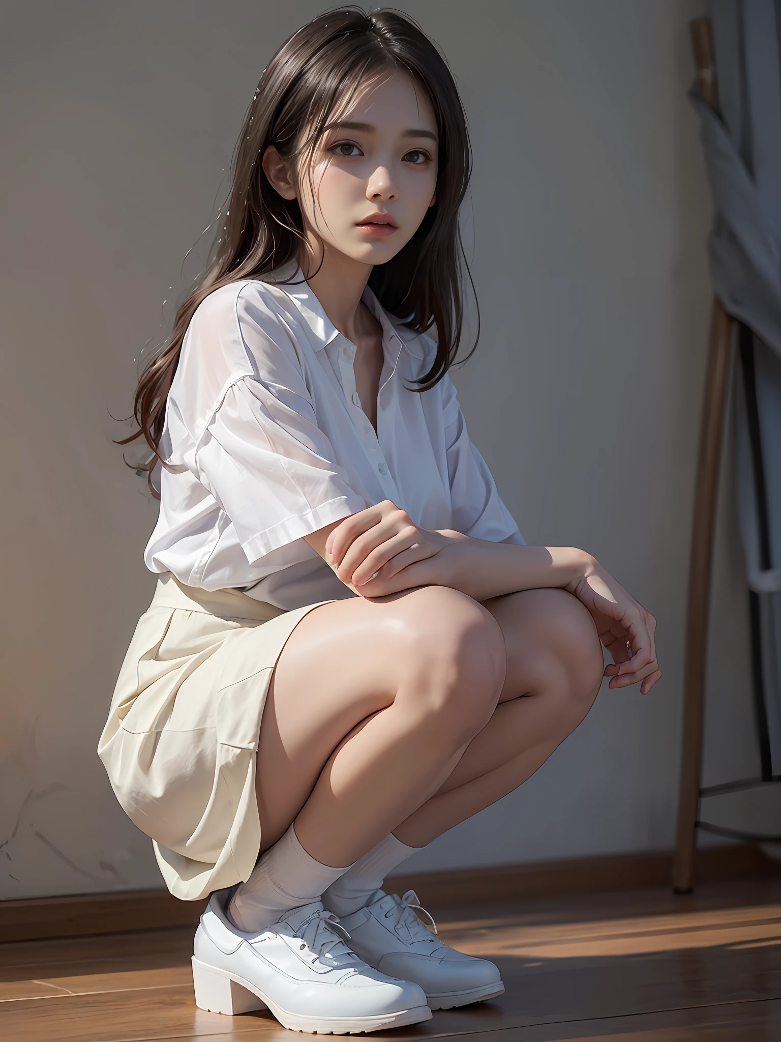 (photoRealstic:1.4)、(hyper realisitic:1.4)、(reallistic:1.3)、(Smooth lighting:1.05)、(Improved cinematic lighting quality:0.9)、32K、1womanl、24-year-old woman、Realistic lighting、Back lighting、Facial Lights、Ray tracing、(brightened light:1.2)、(Quality Improvement:1.4)、(Realistic textured skin of the highest quality:1.4)、fine detailed eyes、A detailed face、Fine quality eye、dark brown eyes、(Tired, sleepy and satisfied: 0.0)、Pale lighting、white backgrounid、White blouses、Dark blue skirt、Dark brown hair squatting holding knees、White silk ankle-length socks、pumps