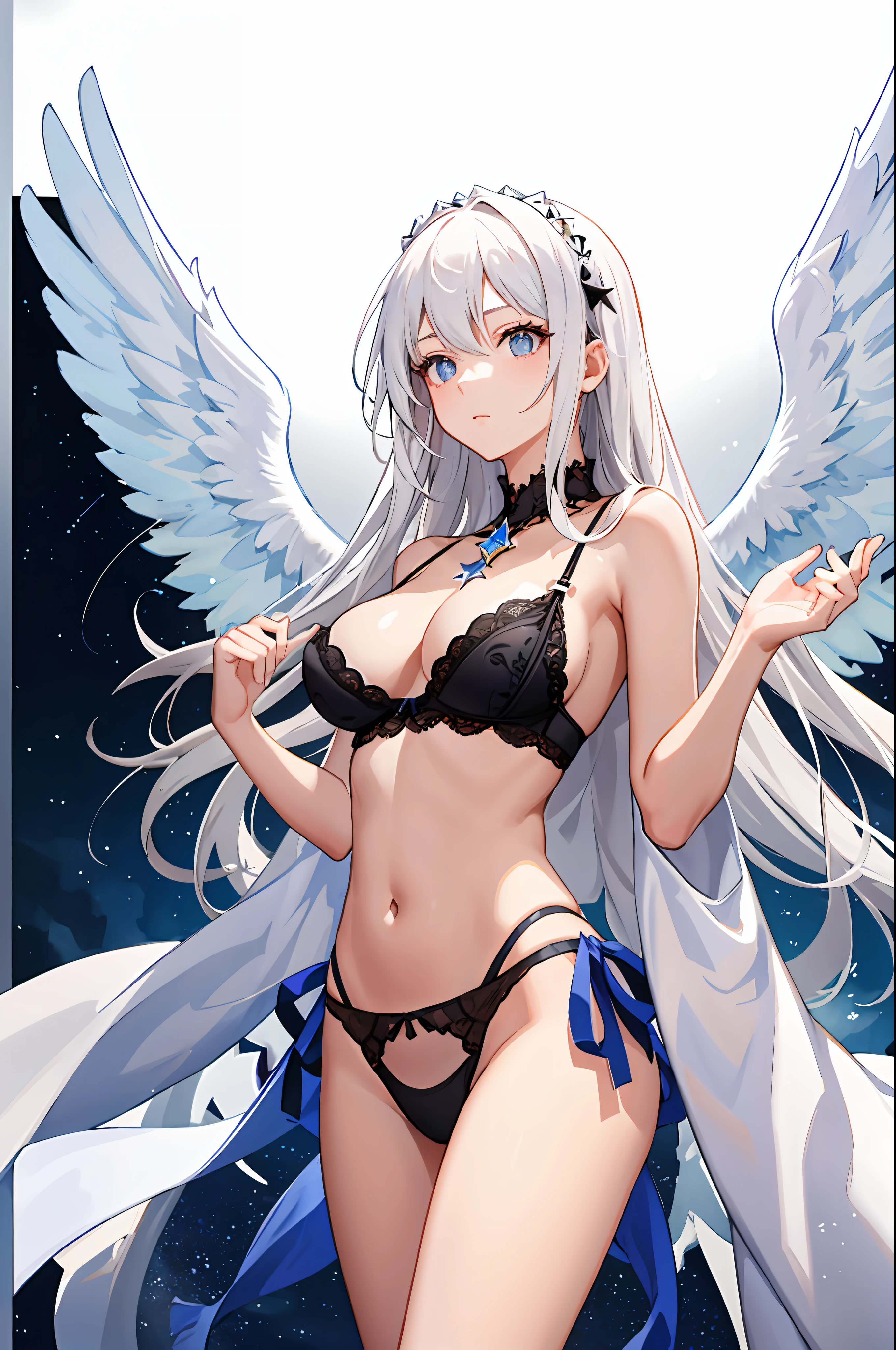 Wings,angelicales,s girl,Lingerie transparent,White hair,long whitr hair,Eyes like stars,quadratic element,The background is a sky full of stars,Protruding up,A shy expression