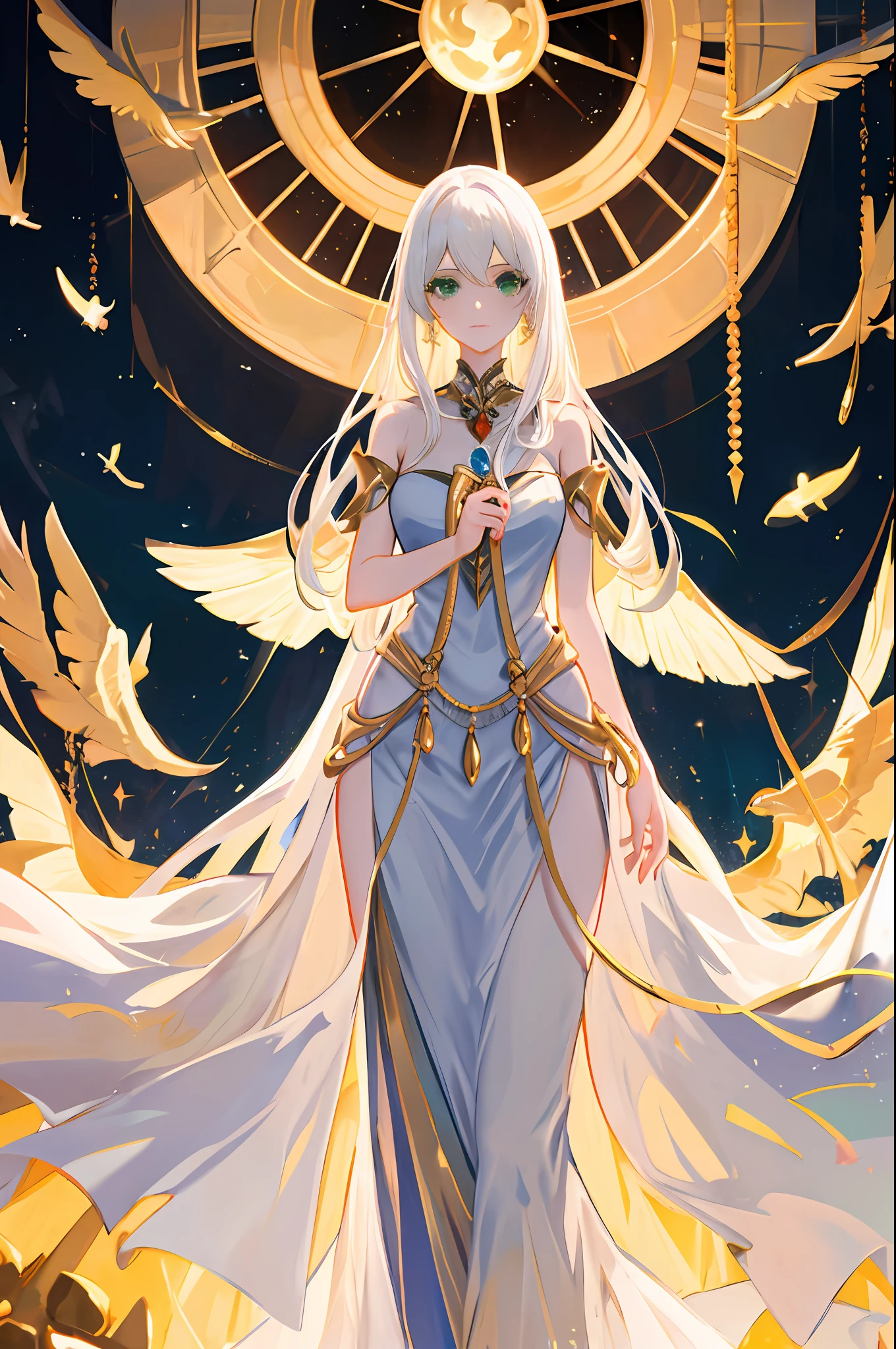 high-definition picture quality, Extreme refinement, Girl with white hair and green eyes,Locked up in a golden giant bird cage, Atmospheric sky, Luxurious jewelry, Noble and gorgeous white long dress, Luxurious golden light, Unique temperament。