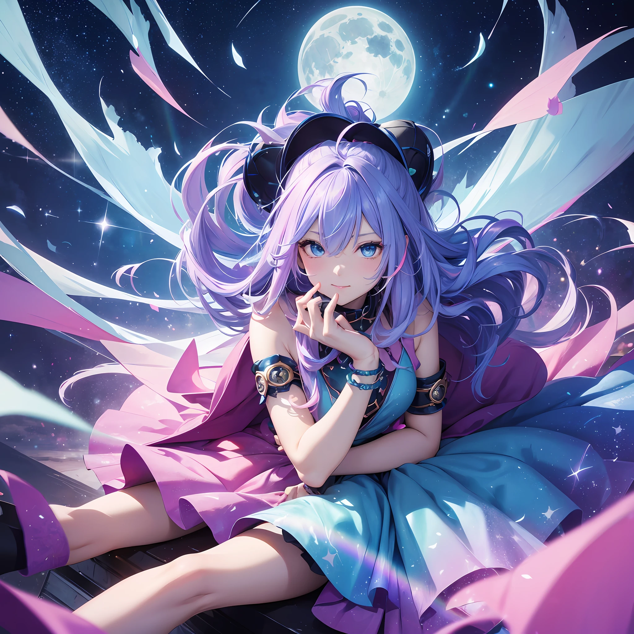 Dark Magician Girl、MKSKS style、2guys、(highly detailed back ground:1.0)、(highly detailed back ground:1.0)、masterpiece、top-quality、An ultra-high picture quality、16 K、Blue eyes、From above、Mask on wrist、The upper part of the body、Sitting in a plush chair、Twisting the body、Hair ornament with emerald、Reddish cheeks、Smiling、(1/2 pink and 1/2 Light blue hair、rainbow-colored hair)、(Colorful dress with a lot of draping、Rainbow dress:1.3)、Fur muffler、Silver necklace、Silver bracelet、Bad hands, bad finger, Missing fingers, Extra fingers、(Blowing in the wind:1.4)、(Ray-like pattern:1.4)、Aurora、night sky full of stars、shooting stars、fullmoon、natta --auto