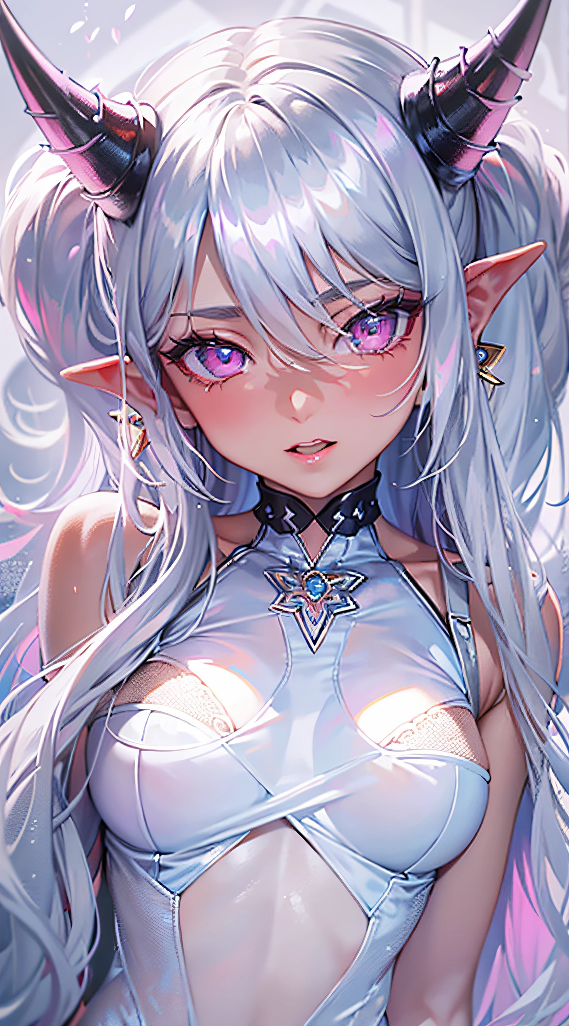 ((Masterpiece)), best quality, absurderes, ultra detailed, holographic, cowboy shot, demon girl, mature girl, super beautiful asian girl with very beautiful violet glowing eyes, beautiful glowing white multicolored hair, high ponytail, bueautiful glowing demon horns, super beautiful and stunning luminous devil wings, nice and sexy body, slim body, perfect body, wearing a black mini dress, super tight dress, translucid dress, playing in a funny hell, flirting with viewer