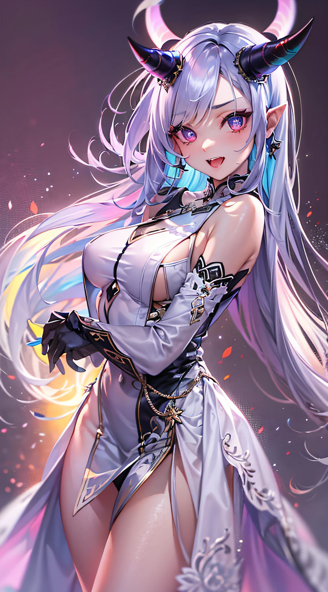 ((Masterpiece)), best quality, absurderes, ultra detailed, holographic, cowboy shot, demon girl, mature girl, super beautiful asian girl with very beautiful violet glowing eyes, beautiful glowing white multicolored hair, high ponytail, bueautiful glowing demon horns, super beautiful and stunning luminous devil wings, nice and sexy body, slim body, perfect body, wearing a black mini dress, super tight dress, translucid dress, playing in a funny hell, flirting with viewer