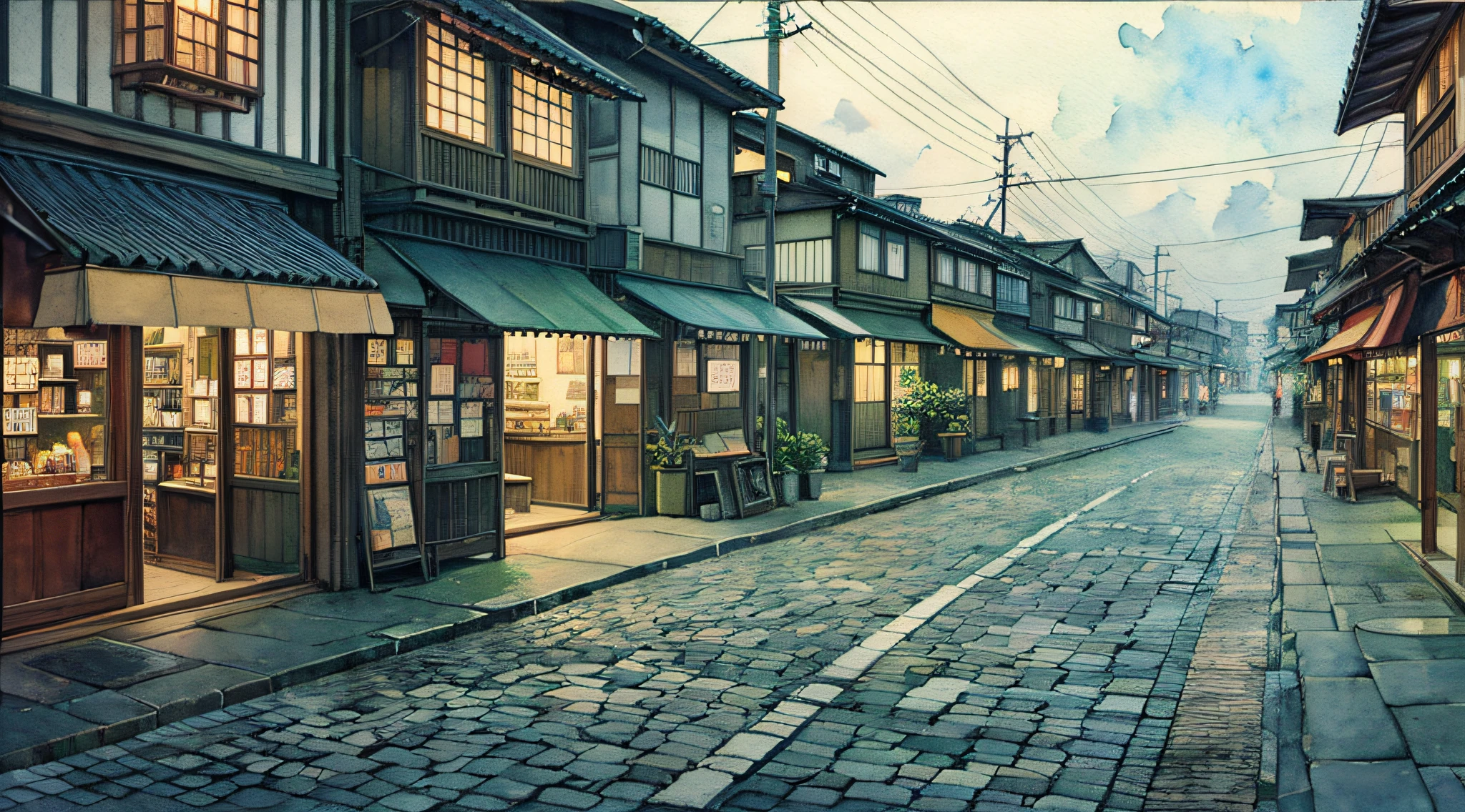 Lonely shopping street、jpn、(early evening:1.2)、((Natural lighting))、Clear focus、(longshot:1.1)、(watercolor paiting)、(desolate:1.2)、Studio Ghibli