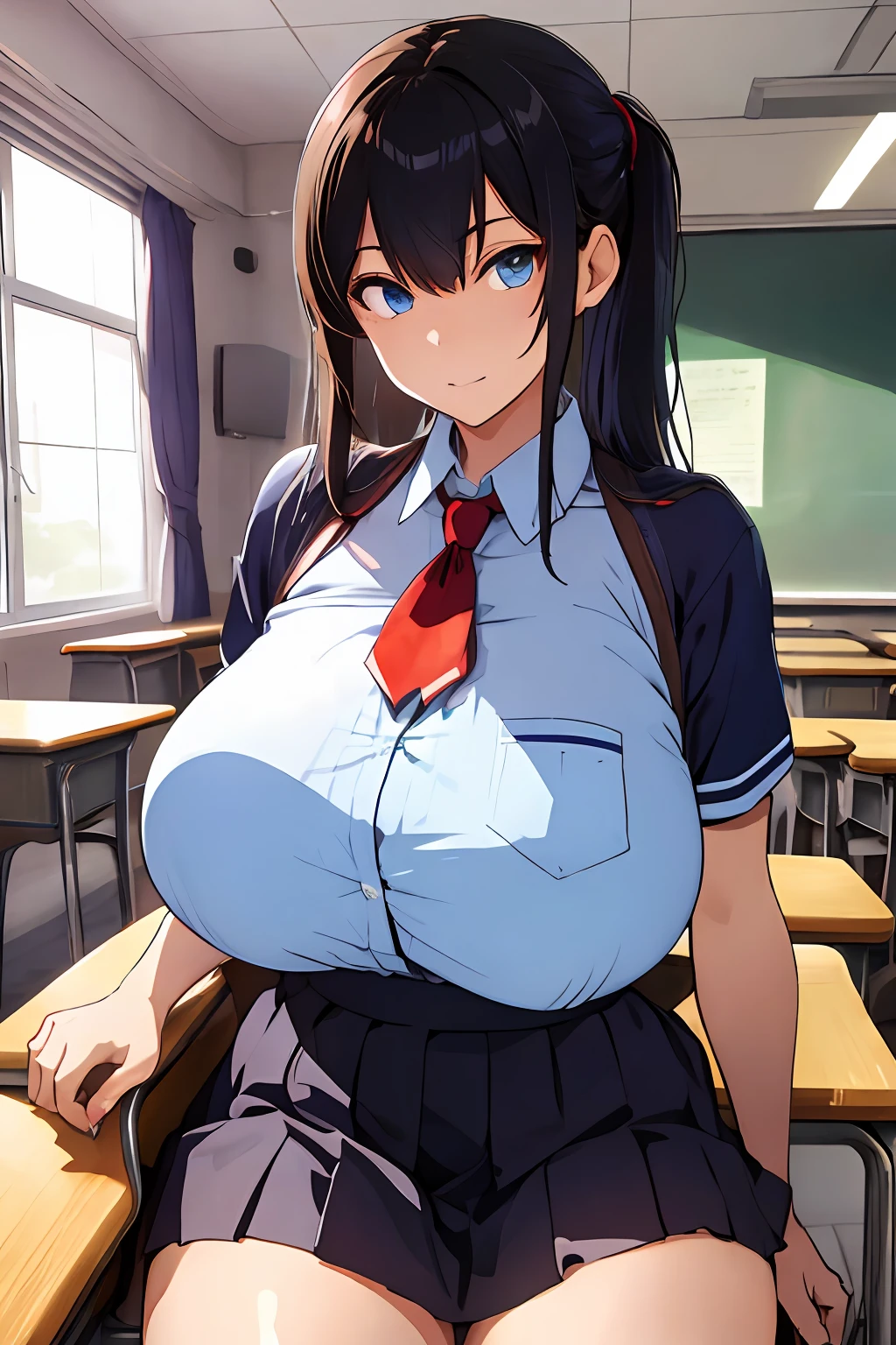 (masterpiece:1.2), (ultra detailed:1.2), (intricate details), (ultra high res), HDR, 8k
 BREAK fully matured female
 BREAK perfect beauty, makeup
 BREAK (erotic:1), (gigantic breasts:1.3), long hair, blue eyes
 BREAK school blazer uniform
 BREAK sitting in chair, breasts on school desk, classroom
 BREAK POV across desk, upper body, looking at viewer,  takeda hiromitsu style