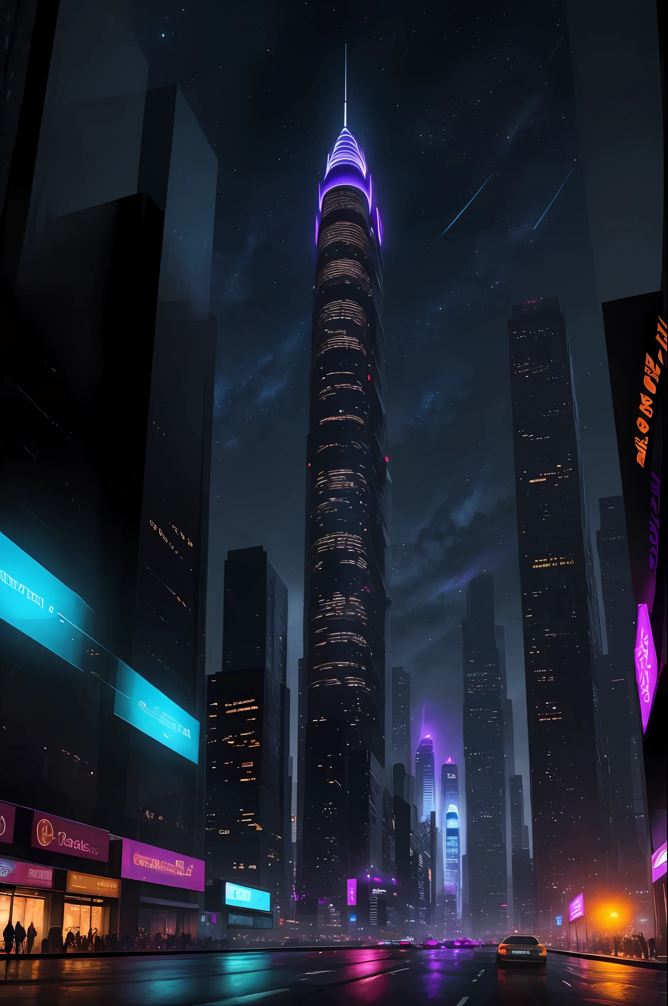 Draw a futuristic landscape filled with floating skyscrapers, carros voadores e hologramas interativos incrivelmente realistas e imersivos. Add dynamic and vibrant lighting to the scene, com destaque para os tons azul e roxo, while keeping the night sky dark and mysterious. Be sure to include a sense of movement in the scene, with cars flying rapidly through the city and animated holograms relaying information on the street.