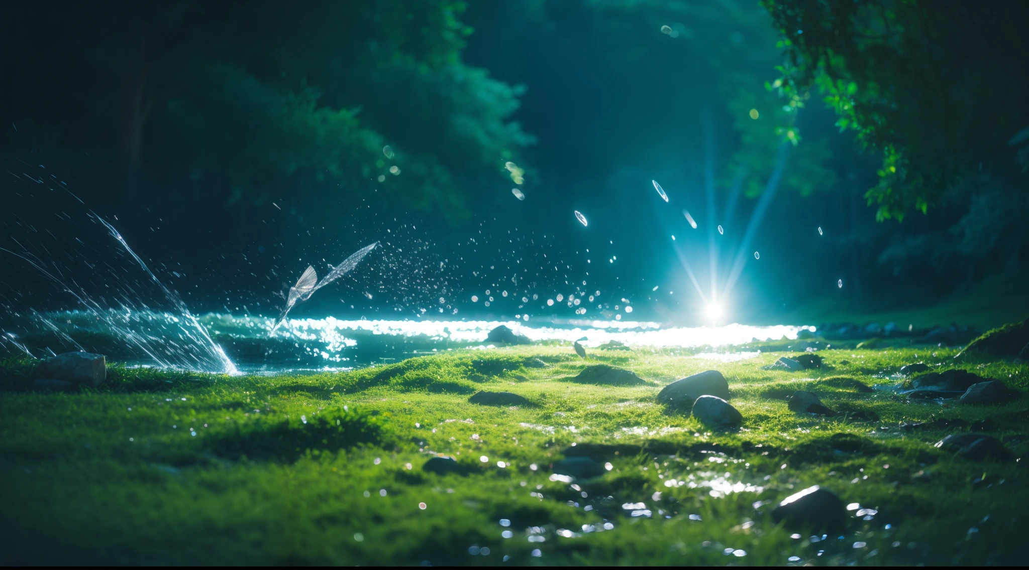 Brook in the countryside, in woods, blue open sky, Multicolored clouds, Clean water surface, Multicolored moss, Colorful rocks, Diffuse reflection of light, crystal-clear water, Fresh green, Fish swim, sony a7, film gain, a dark night, Cinematic lighting, Photorealistic, one-point perspective, 32K, diffuse reflection, colorful shiny particles, Fly colorful mass birds, colorful water splash, sharpness, Lens Flare, sharp reflection light