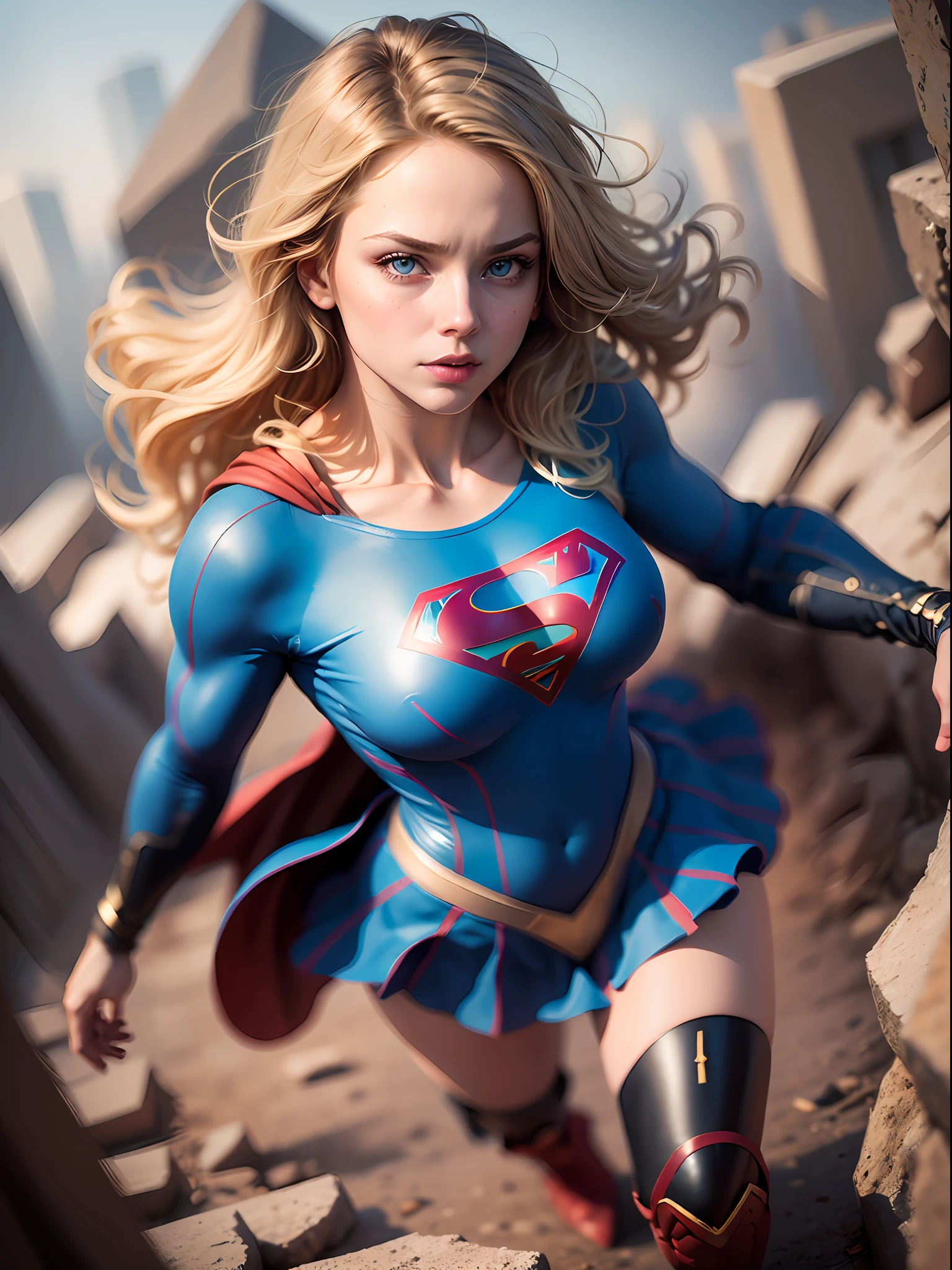 (8k, best quality, photorealistic, masterpiece:1.2), supergirl, blue eyes, blonde hair, long hair, cape, superhero, skirt, boots, (blonde girl:1.5), (breast focus:1.2), (realistic:1.2), (far view: 1.2), (realism), (masterpiece:1.2), (best quality), (ultra detailed), (8k, 4k, intricate), (full-body:1.5), (85mm), light particles, lighting, (highly detailed:1.2), (detailed face:1.2), (gradients), sfw, colorful, (detailed eyes:1.2), (detailed background), (dynamic angle:1.2), (dynamic pose:1.2), (rule of third_composition:1.3), (Line of action:1.2), wide shot, daylight, solo.