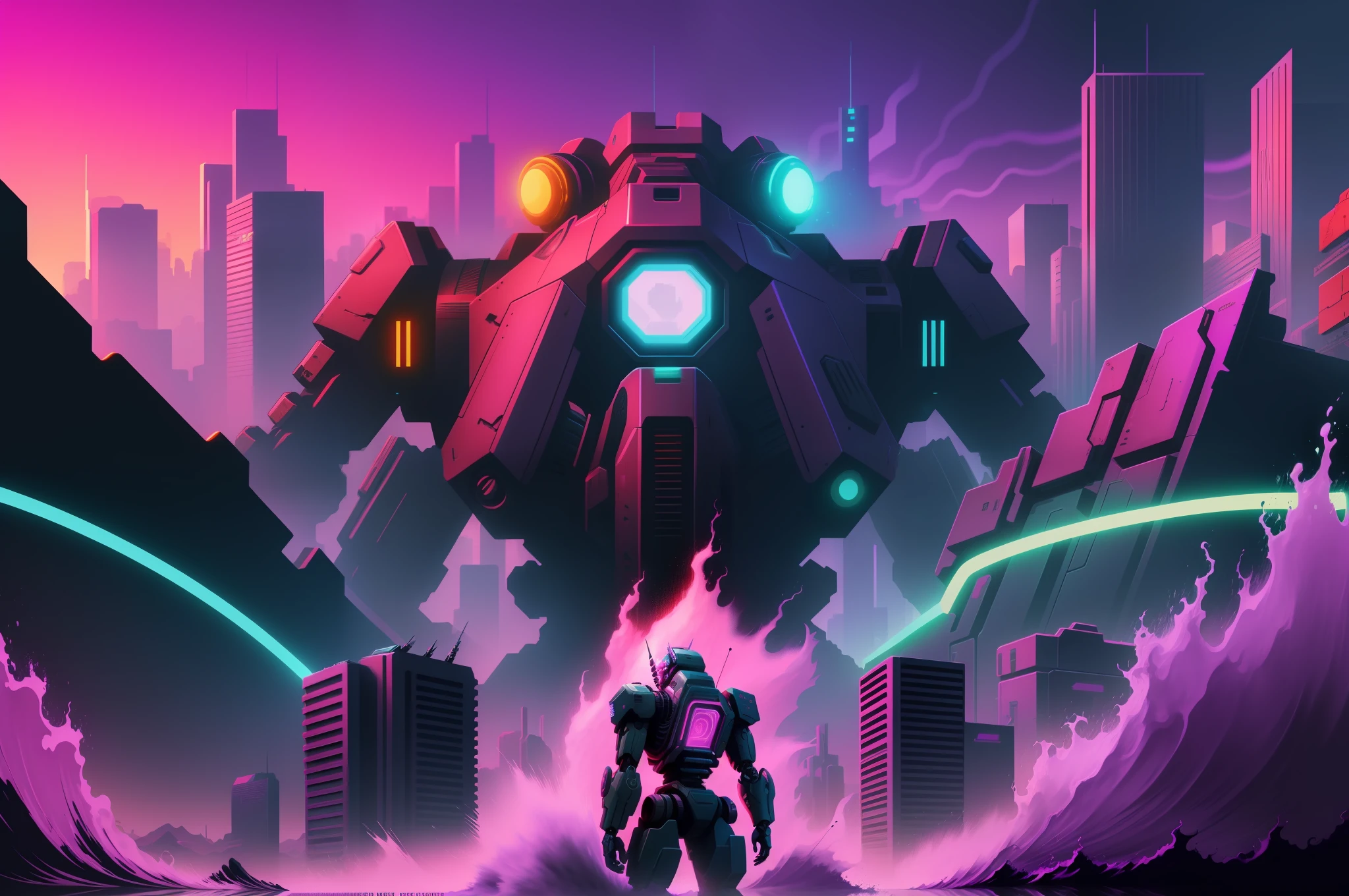 ,synthwave art, Dark synthetic waves, synthwave art style, masterpiece epic retrowave art, Flat synth-wave art style, synthetic wave, 8 0 s synthwave, Black inverse wave, Synthetic wave digital art, synthwave image, epic retrowave art, synthwave art style ]!!Mechs are destroying a cyberpunk-style city