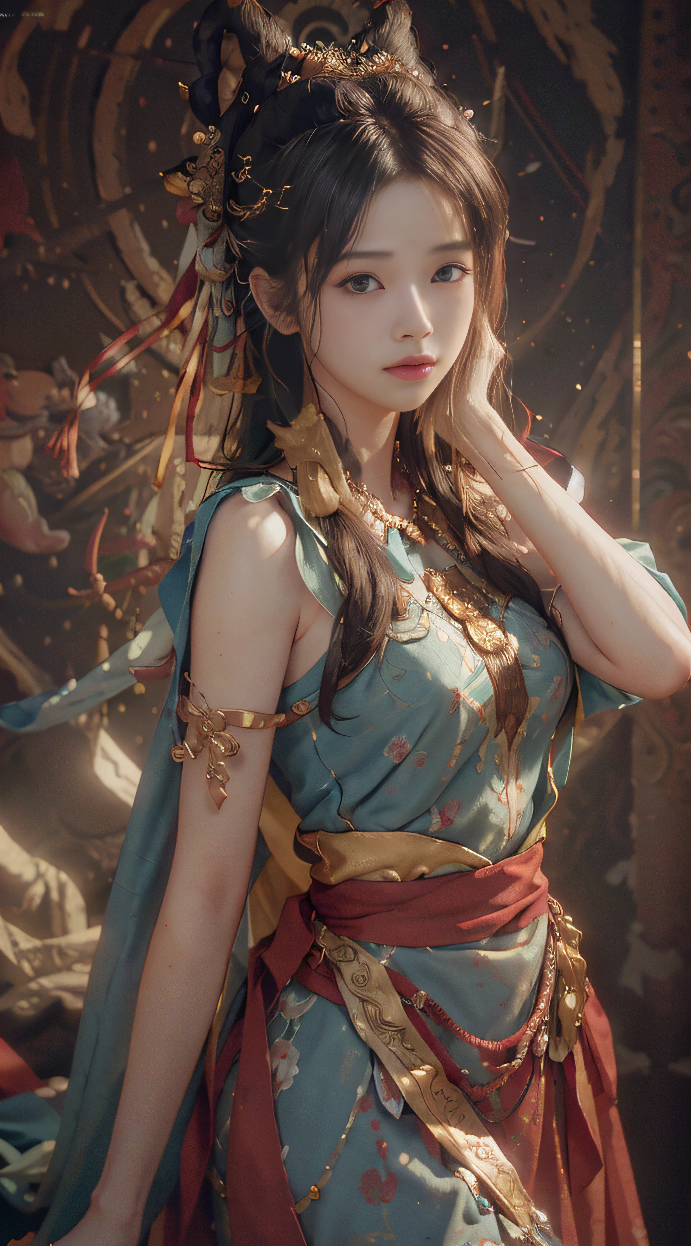 (RAW photo, best quality), (realistic, photo-realistic:1.3),best quality,highly detailed,masterpiece,ultra-detailed,illustration,1girl,upper_body,dynamic angle,world masterpiece theater,messy_long_hair,best quality,extremely detailed CG unity 8k wallpaper,ink,Amazing,cinematic lighting,lens_flare, dunhuang_style