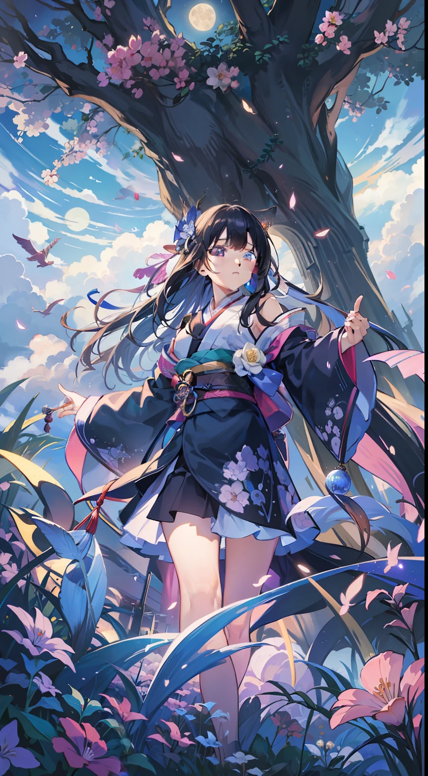 Vast landscape photos、(View from below with a view of the sky and the wilderness below)、Girl standing in a flower field and looking up、(fullmoon:1.2)、(shooting stars:0.9)、(nebulas:1.3)、mountain in the distance、Tree BREAK Production Art、(Warm color Light Source:1.2)、(fireflys:1.2)、abajour、Purple and orange、intricate detailes、Volume Lighting BREAK (masterpiece:1.2)、(top-quality)、4k、ultra-detailliert、(The composition of the movement:1.4)、Highly detailed and colorful details(Irridescent color:1.2)、(glowing lighting、Atmospheric illumination)、dream-like、Magical、(独奏:1.2)、Girl in kimono、the witch