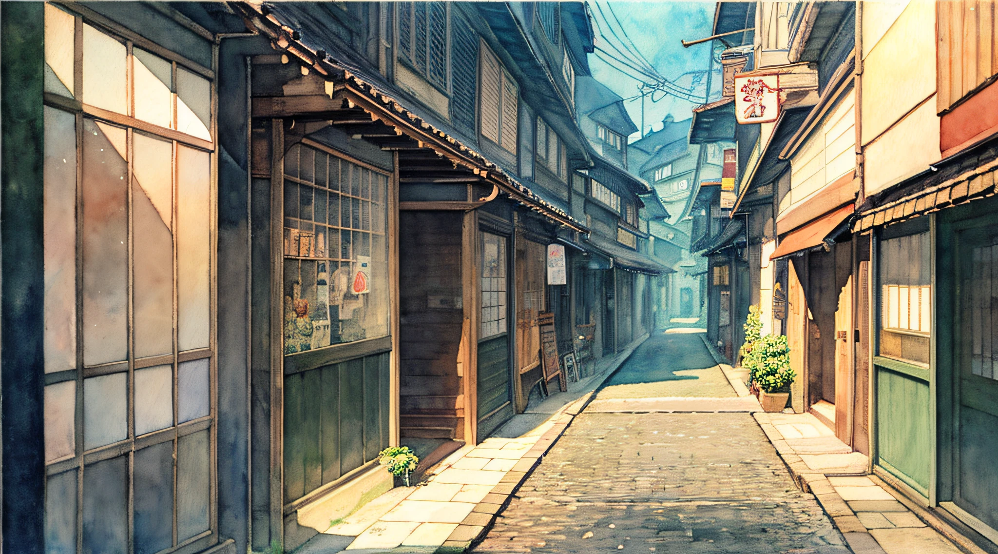 Lonely shopping street、jpn、(early evening:1.2)、((Natural lighting))、Clear focus、(longshot:1.1)、(watercolor paiting)、(desolate:1.2)、Studio Ghibli