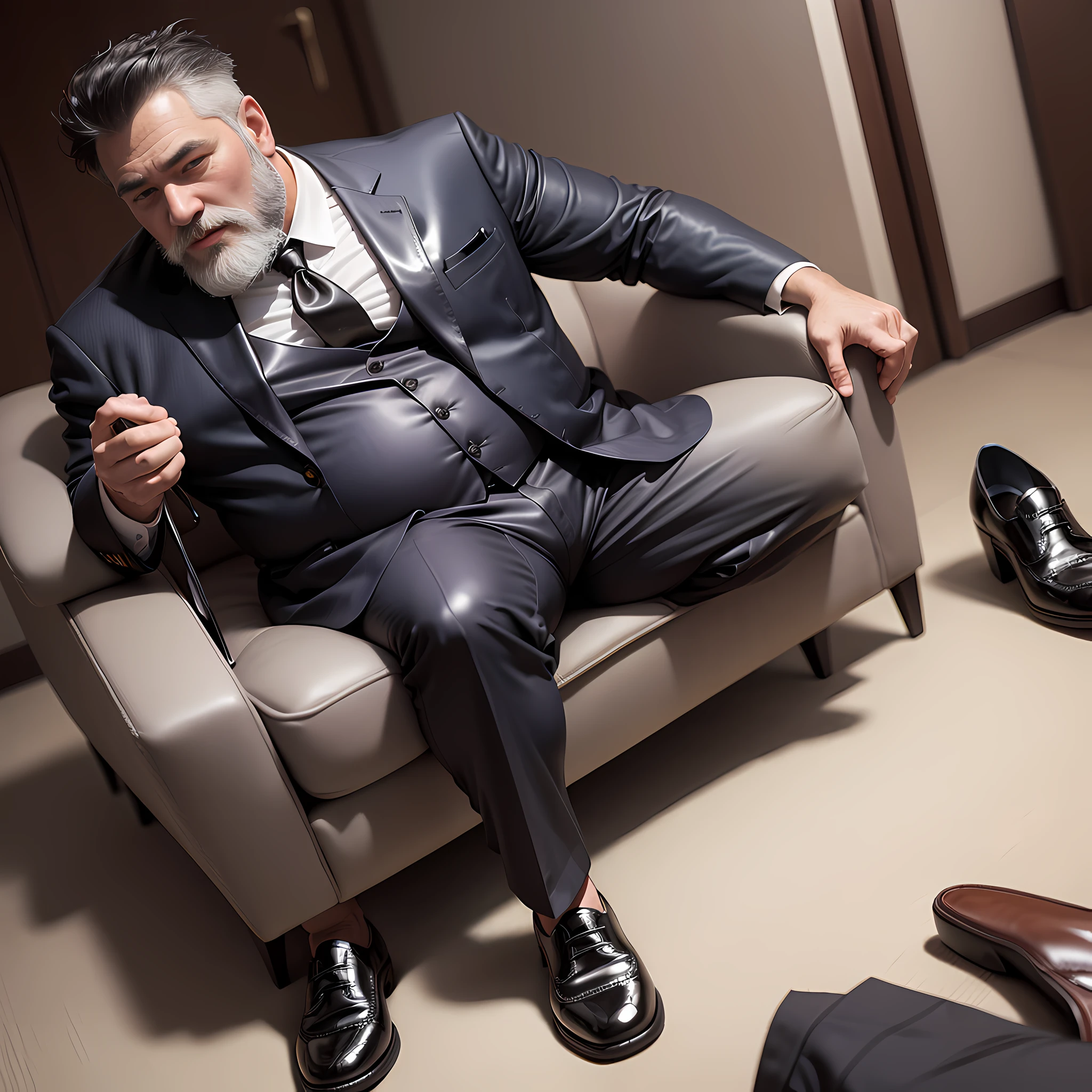 50-year-old fat uncle, slightly white beard, black hair, shiny suit, trousers, leather shoes sitting in the hotel --auto