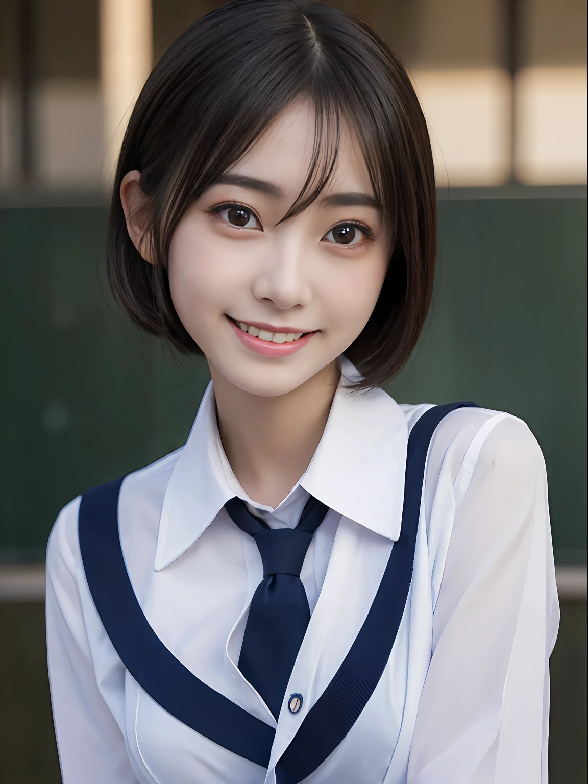 best quality, masterpiece, ultra high res, (photorealistic:1.4), RAW photo,cinematic lighting, 1 japanese girl,solo,20 years old,big breasts,(detailed beautiful face:1.5),(real skin:1.5),slender,thin legs,(big eyes:1.5),(smiling:1.3),(bob:1.5),(school uniform:1.5),