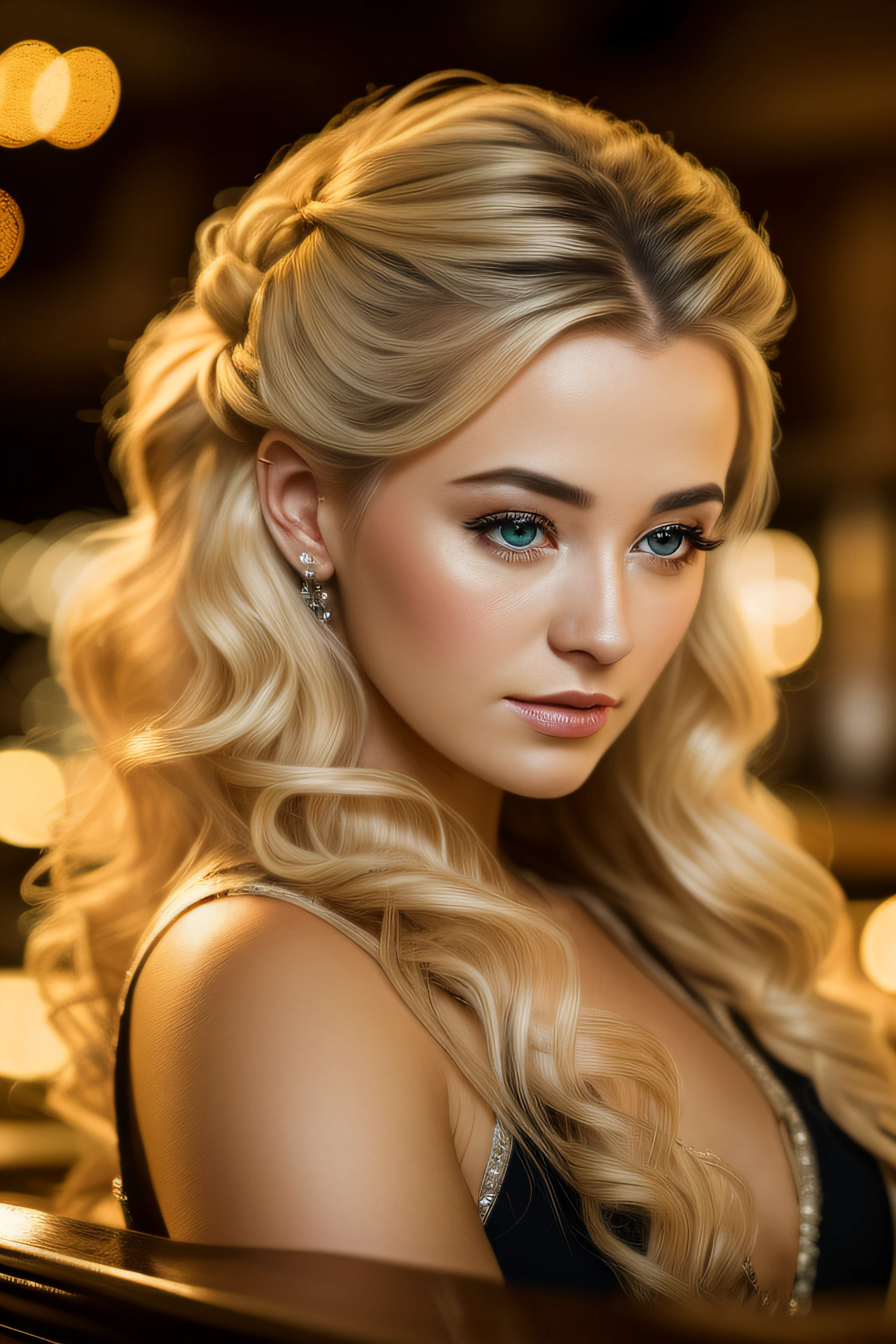 portrait photo of OliviaDunne beautiful woman blonde hair updo upsweep nightclub sitting at bar (masterpiece) (best quality) (detailed) (8k) (HDR) (wallpaper) (cinematic lighting) (sharp focus) (intricate)