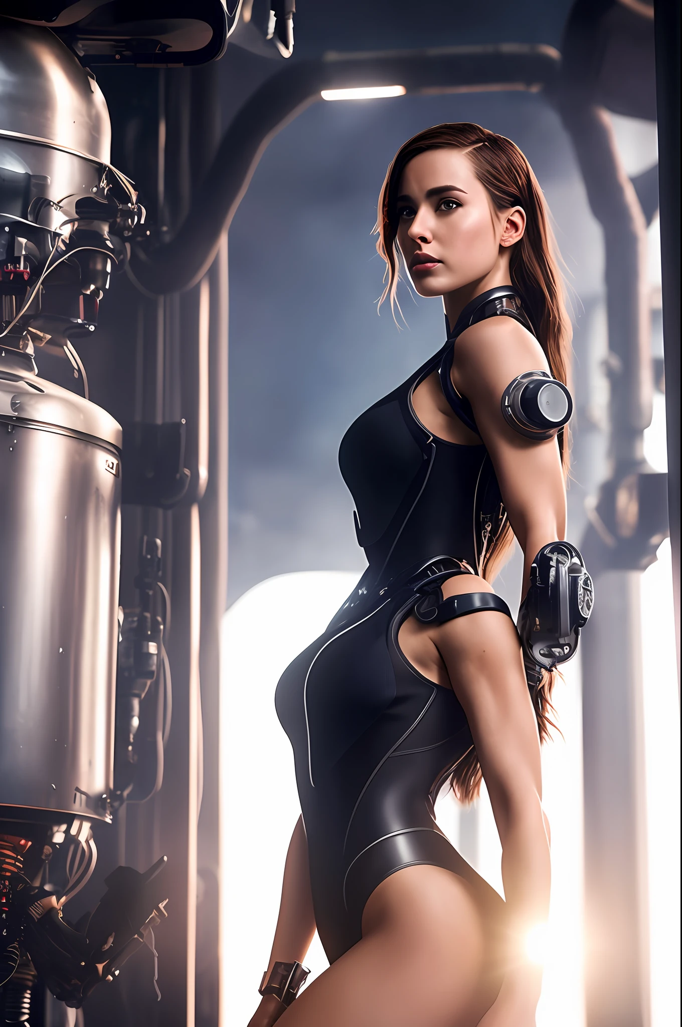 Dystopian, [sci-fi], High Detail RAW color Photo, Full front Shot, of (cute female arterial intelligence, front angle, cybernetic enhancements), full latex bodysuit, indoors, standing, (inside cryogenic chamber, in advanced cyberpunk research facility), toned physique with abs, large perky breasts, normal, large ass, (pale skin), (cybernetic implants:1.2), (augmentations), (cyborg:1.1), (detailed skin, diffused skin pores), silicone, metal, (highly detailed, fine details, intricate), (lens flare:0.4), (bloom:0.4), diffused soft lighting, raytracing, shallow depth of field, (Oliver Wetter), photographed on a Canon EOS 5D, 90mm micro lens, f/8, sharp focus, smooth, cinematic film still from Blade Runner 2049, thick thighs, wide hips [Cyberpunk:Dieselpunk:0.25]