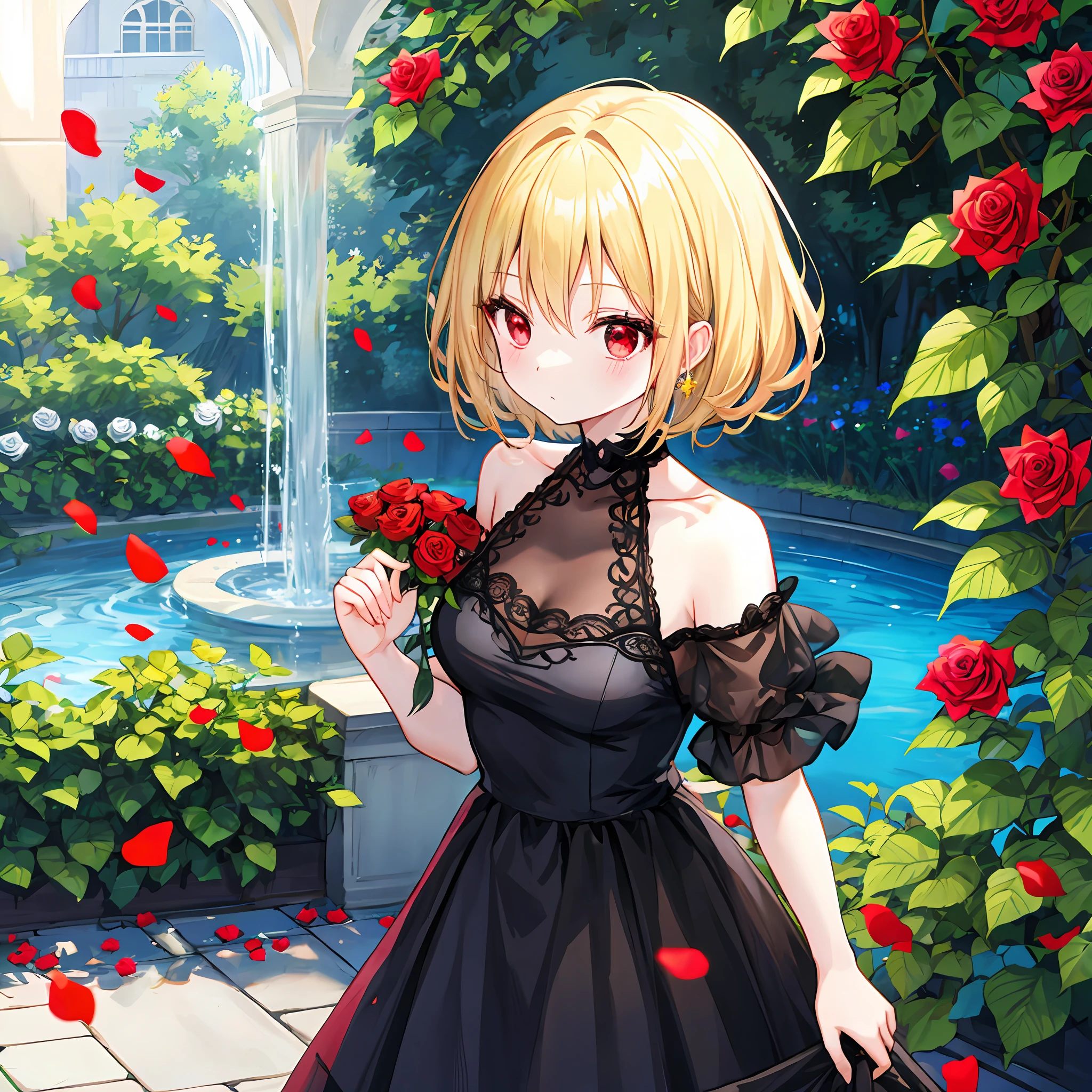 a blond、red eyes、Black dress、off shoulders、Beautiful girl alone、animesque、Rose Garden、