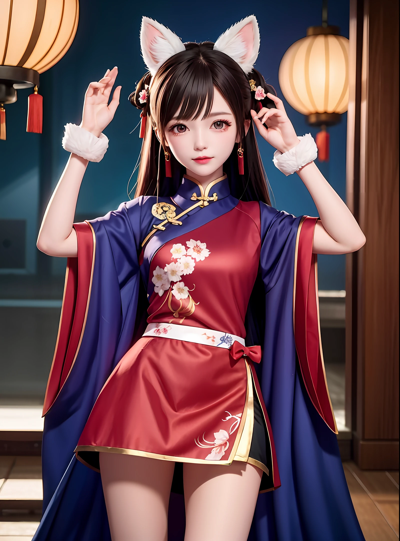 long whitr hair，whaite hair，Dynamic hair，red-white qipao，hair tying，【cat ear】，Skirt decoration，thigh band，Purple eye，red elbow gloves，Porcelain skirt，tmasterpiece，（photorealestic，dalcefo，sakimistyle：1.1） ，（the night，dark chamber：1.2），动态照明，room lighting，Throne Room，[[[lanterns]]]，Chinese architecture，Chinese decoration，，Pilyeon，eyeslashes（staredown，irate，cparted lips：0.6），[self-assured，aroused，，[from below，sitted]，(ulzzang-6500:0.2)