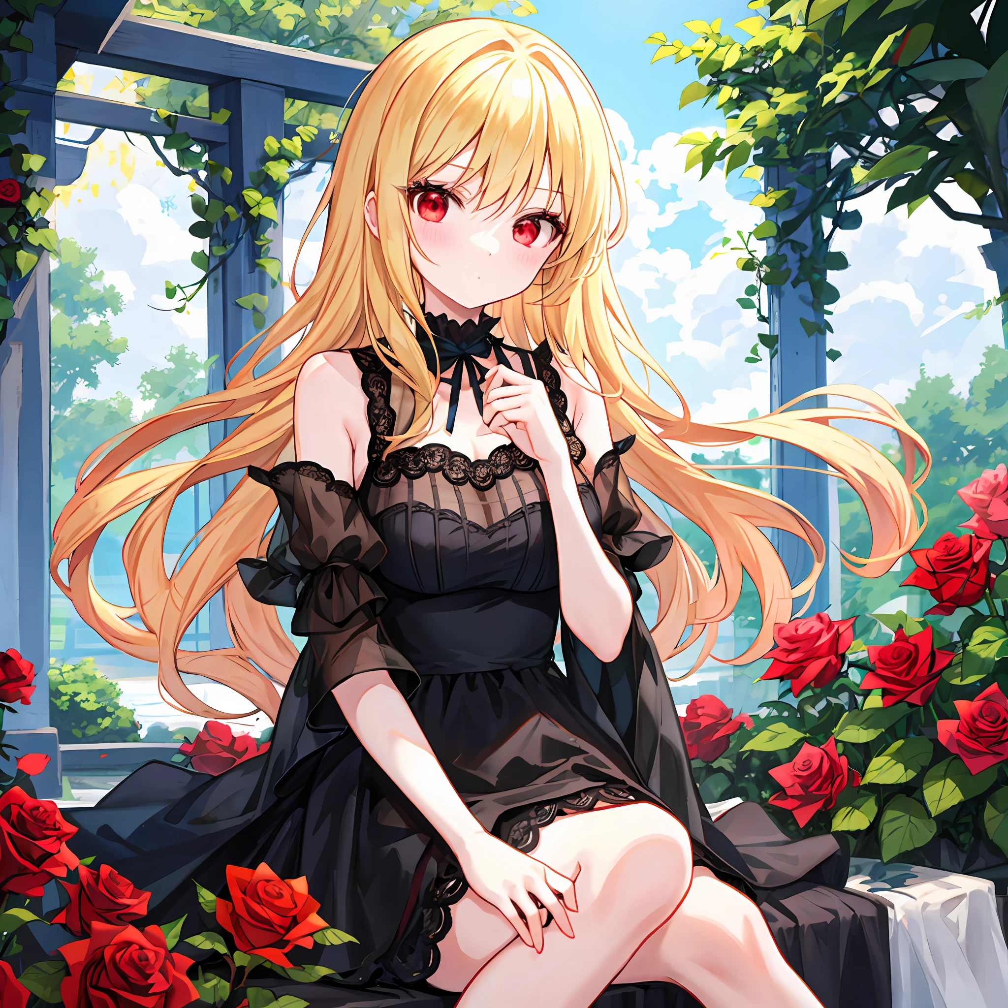 a blond、red eyes、Black dress、off shoulders、Beautiful girl alone、animesque、Rose Garden、