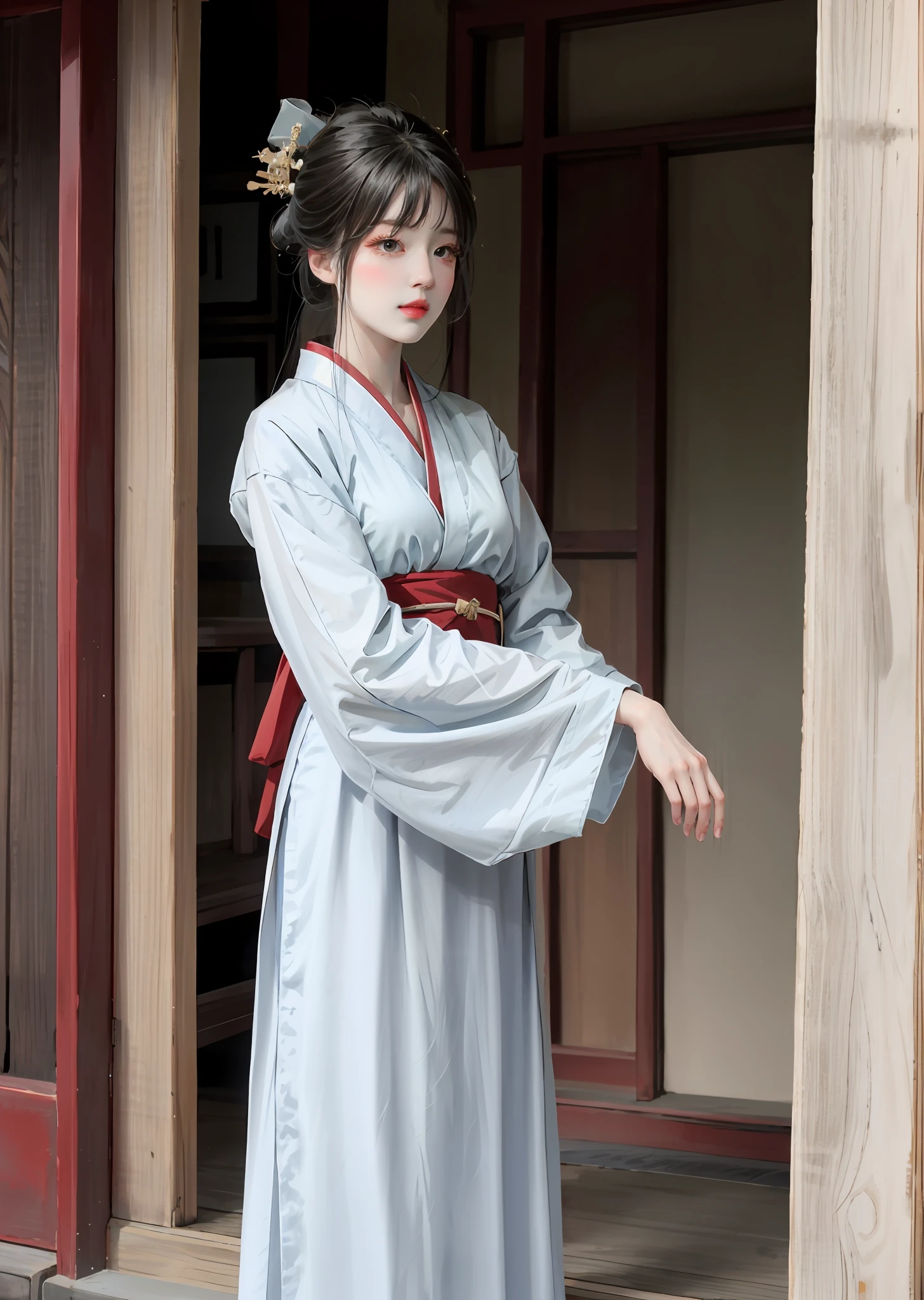 there is a woman in a kimono dress posing for a picture, Expose large, Long bangs, Hanfu, White Hanfu, with acient chinese clothes, Japanese clothes, Wearing ancient Chinese clothes, Palace , A girl in Hanfu, Traditional Chinese clothing, pale and coloured kimono, Chinese costume, sakimichan hdri, japanese-inspired, traditional japanese, traditional geisha clothing